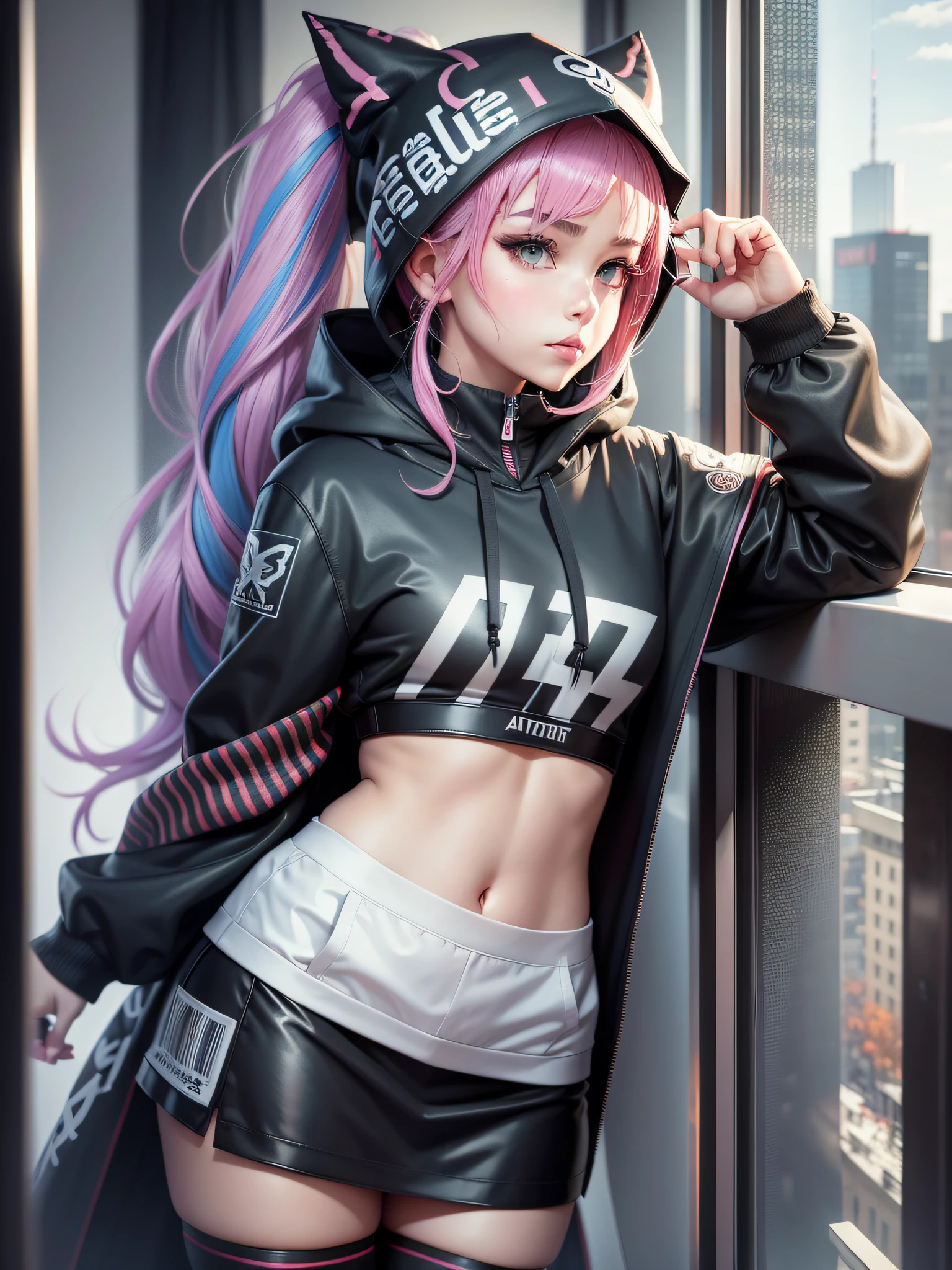 anime, with streetwear pattern hood cloak,hood on the head,pantythose,ponytail hair,stockings,fair in reflection,high detailed,hotel room background,hair accessories,standing,trending on art station,high resolution,high rendering,masterpiece,8k resolution,to get fashion design ideas