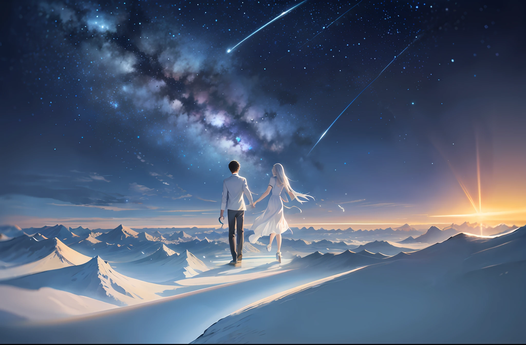 starry sky with couple walking on snow covered mountain, star(sky) starry_sky, concept art of love, makoto shinkai cyril rolando, sakimichan and makoto shinkai, cosmic skies. by makoto shinkai, guweiz and makoto shinkai, magical dream-like atmosphere, in the astral plane ) ) )
