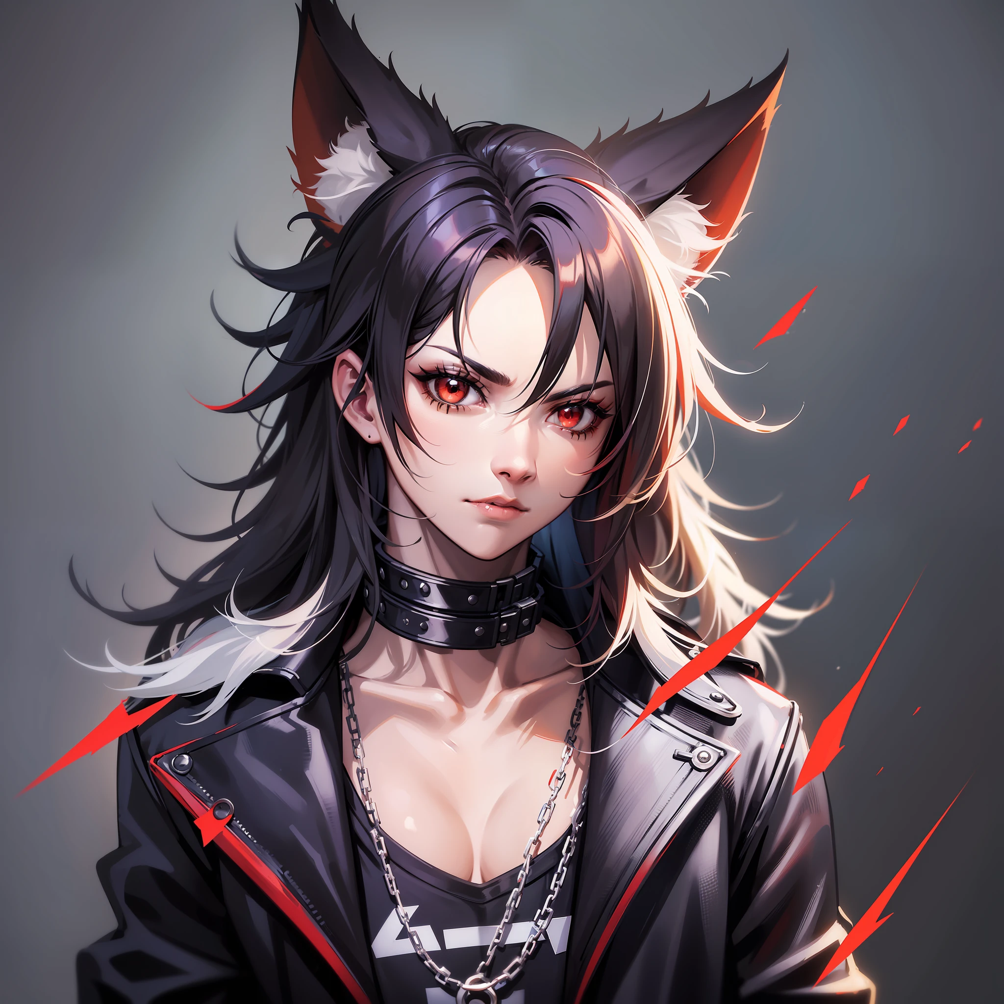 (anthropomorphic fox cute puppy) with black jacket, red eyes, hairy body, bad boy, young, portrait, bust, posture facing the camera, cartoon, dress as 80s metalhead rocker masterpiece, confident posture, youtuber