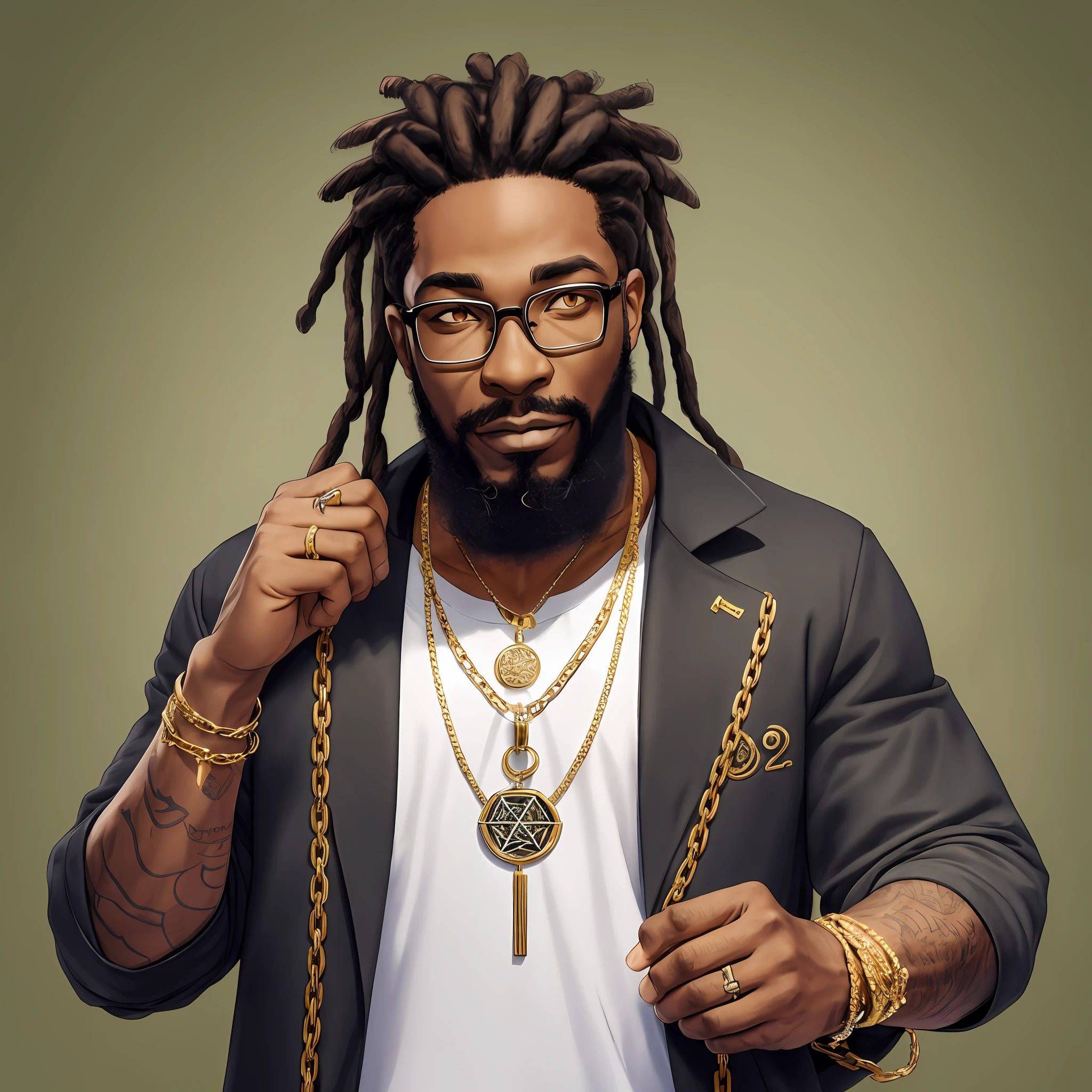 A black man with a dread and in a rapper's clothes looking forward to glasses, goatee and gray beard, rosot half thin, brown eyes and a chain with hexagram pendant --auto --s2