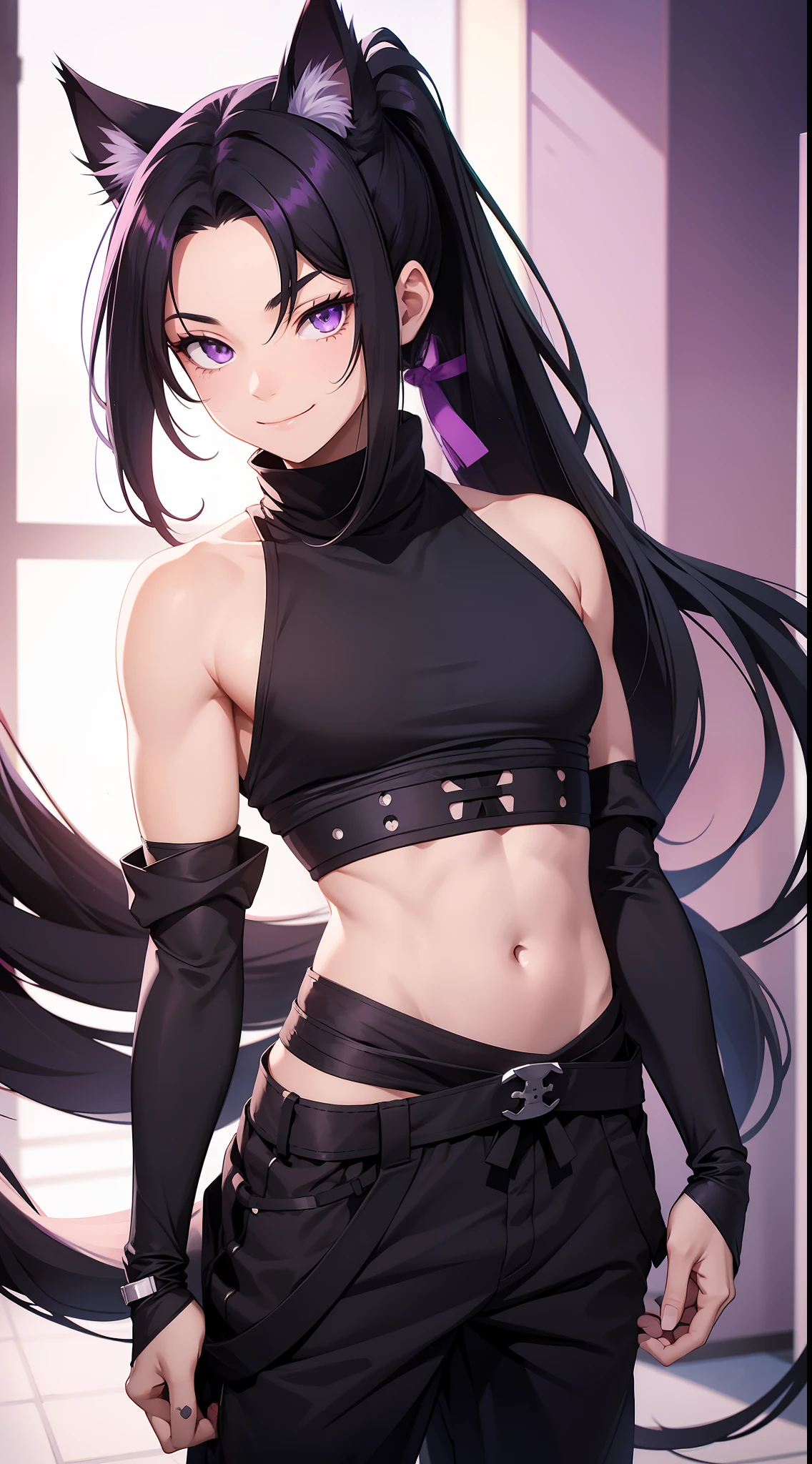 Young guy, long black hair, high ponytail, purple eyes, cat ears, shinobi shape, pants, open belly, smile, masterpiece, high quality