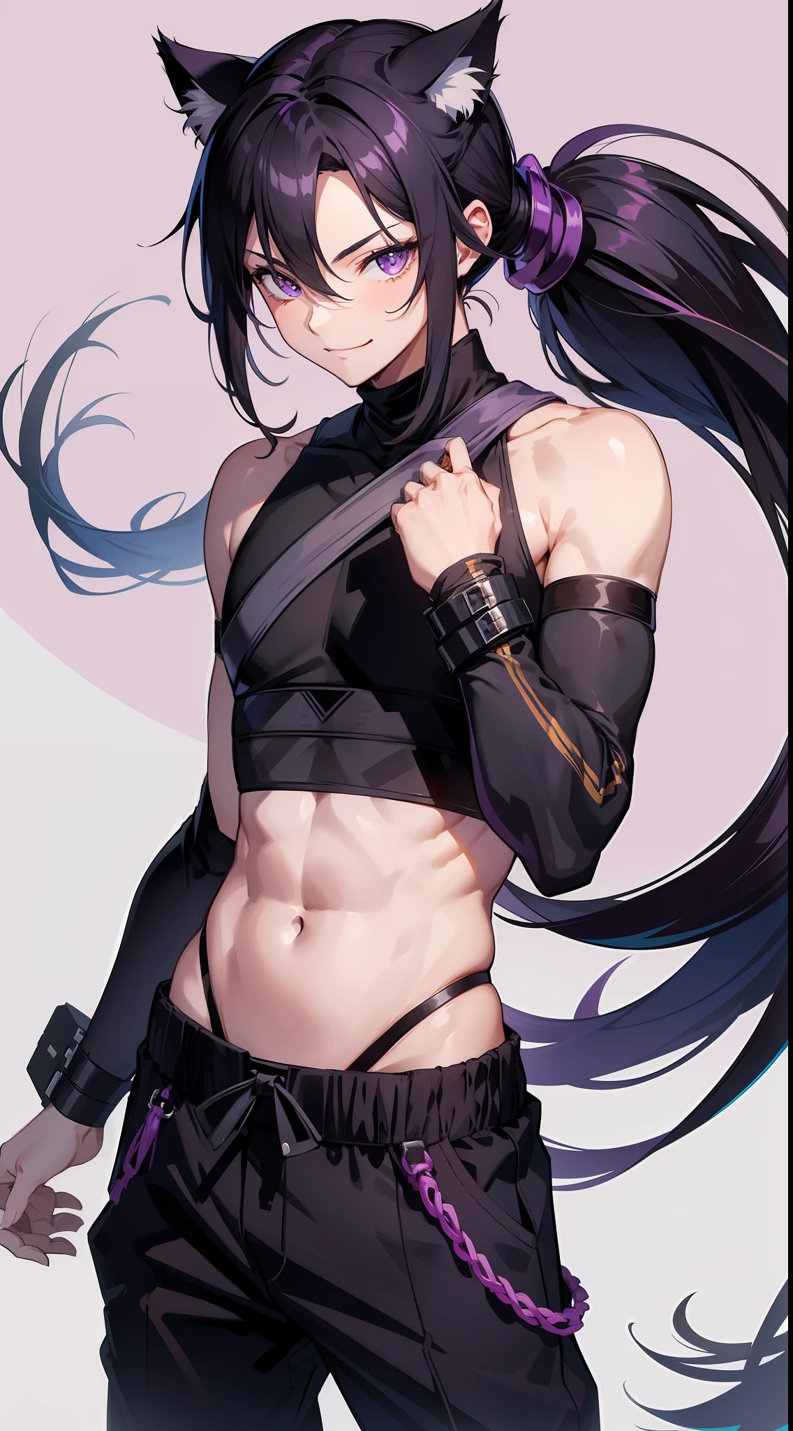 Young guy, long black hair, high ponytail, purple eyes, cat ears, shinobi shape, pants, open belly, smile, masterpiece, high quality
