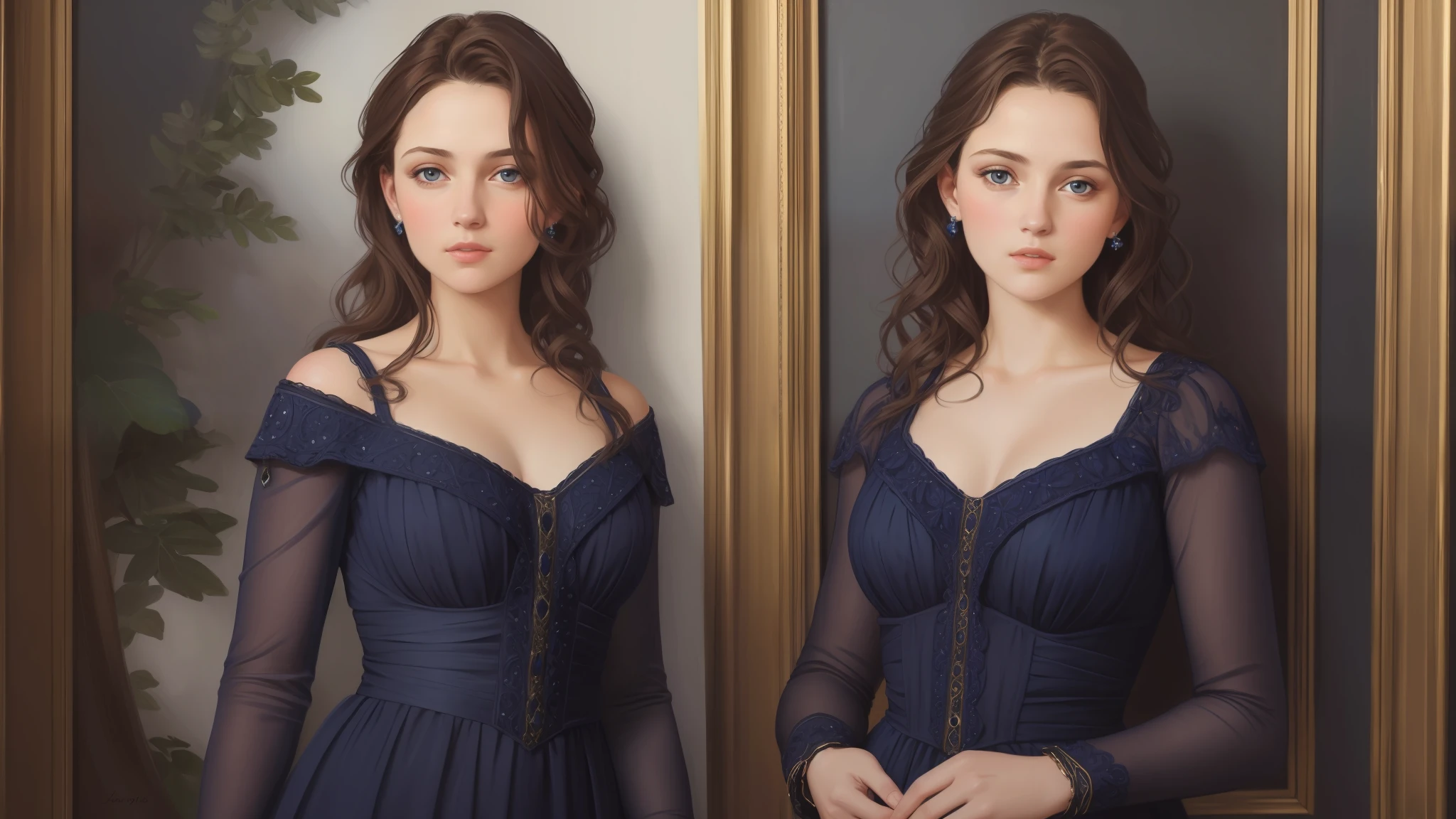 1girl, beautiful teenage girl, small breasts, revealing ornate navy blue dress, short wavy brown hair, portrait, oil painting, modern, realistic proportions, intricate, intricate details, sharp focus