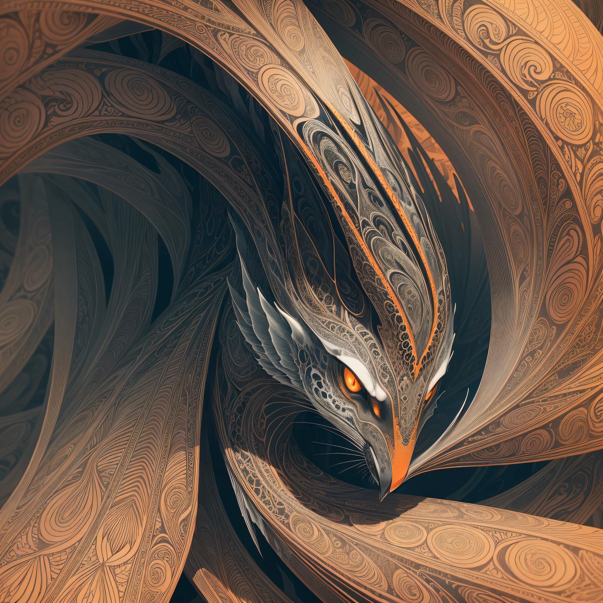 (best quality) Aaron Horkey, ultra-detailed, intricate linework, highly detailed illustration, perfect composition, beautiful and stunning, dynamic angle, high contrast, incredible shading, incredible detail, unique style, orange details, (dark and mystical atmosphere), intricate and detailed nature elements. --auto --s2