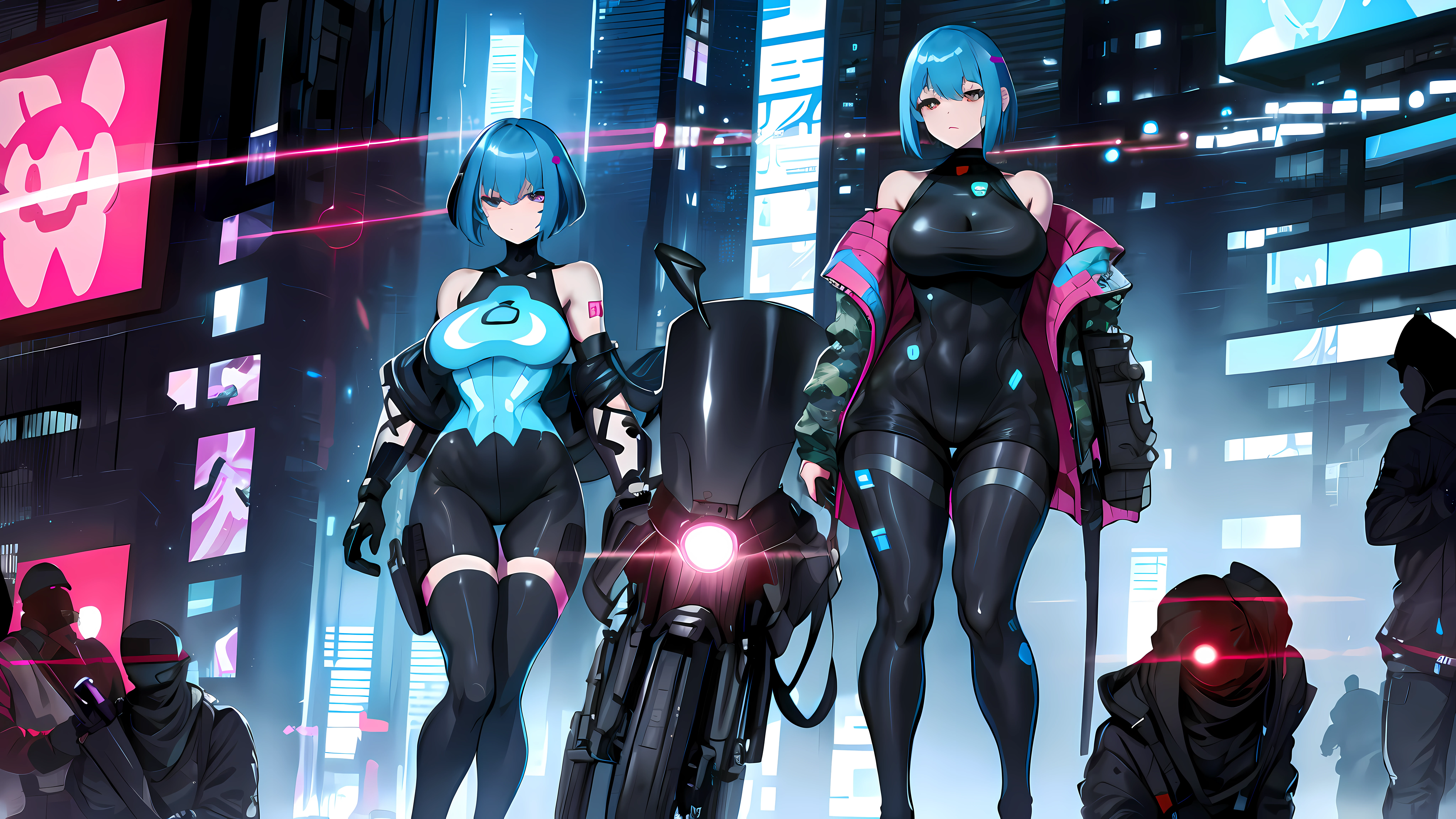 1girl, wide hips, standing, bulletproof vest, cyberpunk, dystopia, ghost in the shell, blue camo, blue body armor, full body shot, whole body, solo, cleavage, cleavage cutout, bike shorts, exposed legs, bare legs, exposed thighs, bare thighs, exposed knees, exposed calves, nsfw, nude, naked, sexy, tight clothes, skintight, exposed shoulders, exposed stomach, exposed hips, city skyscraper, street, tower, apartment, glowing eyes