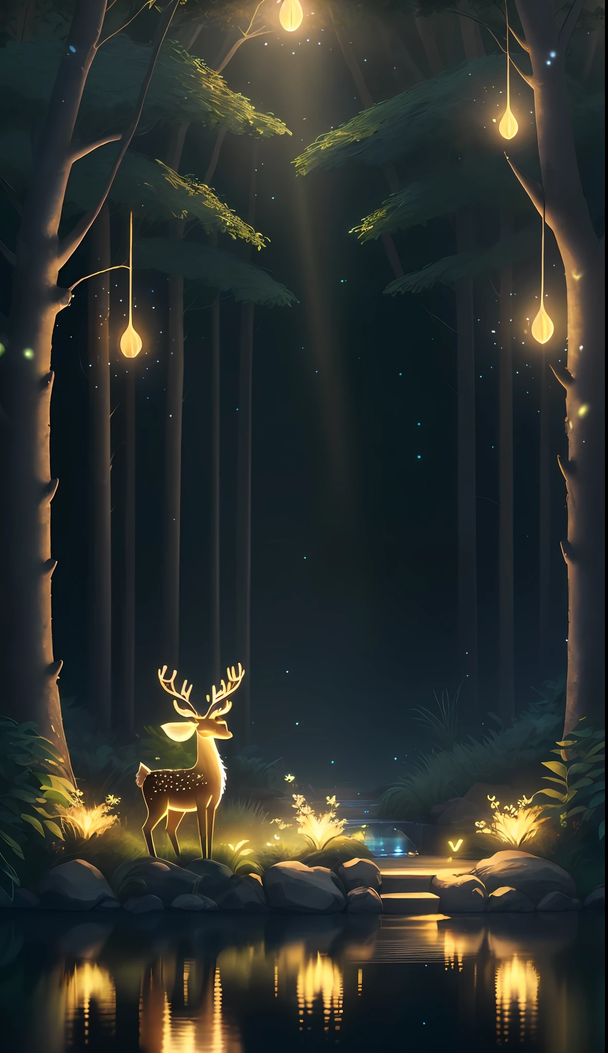 Masterpiece, best quality, (very detailed CG unity 8k wallpaper), (best quality), (best illustration), (best shadows), glow sprite, with a glowing deer, in the swimming pool Drinking water, natural elements in the forest theme. Mysterious forest, beautiful forest, nature, surrounded by flowers, delicate leaves and branches surrounded by fireflies (natural elements), (jungle theme), (leaves), (twigs), (fireflies), (particle effects) etc. 3D , Octane rendering, ray tracing, super detailed