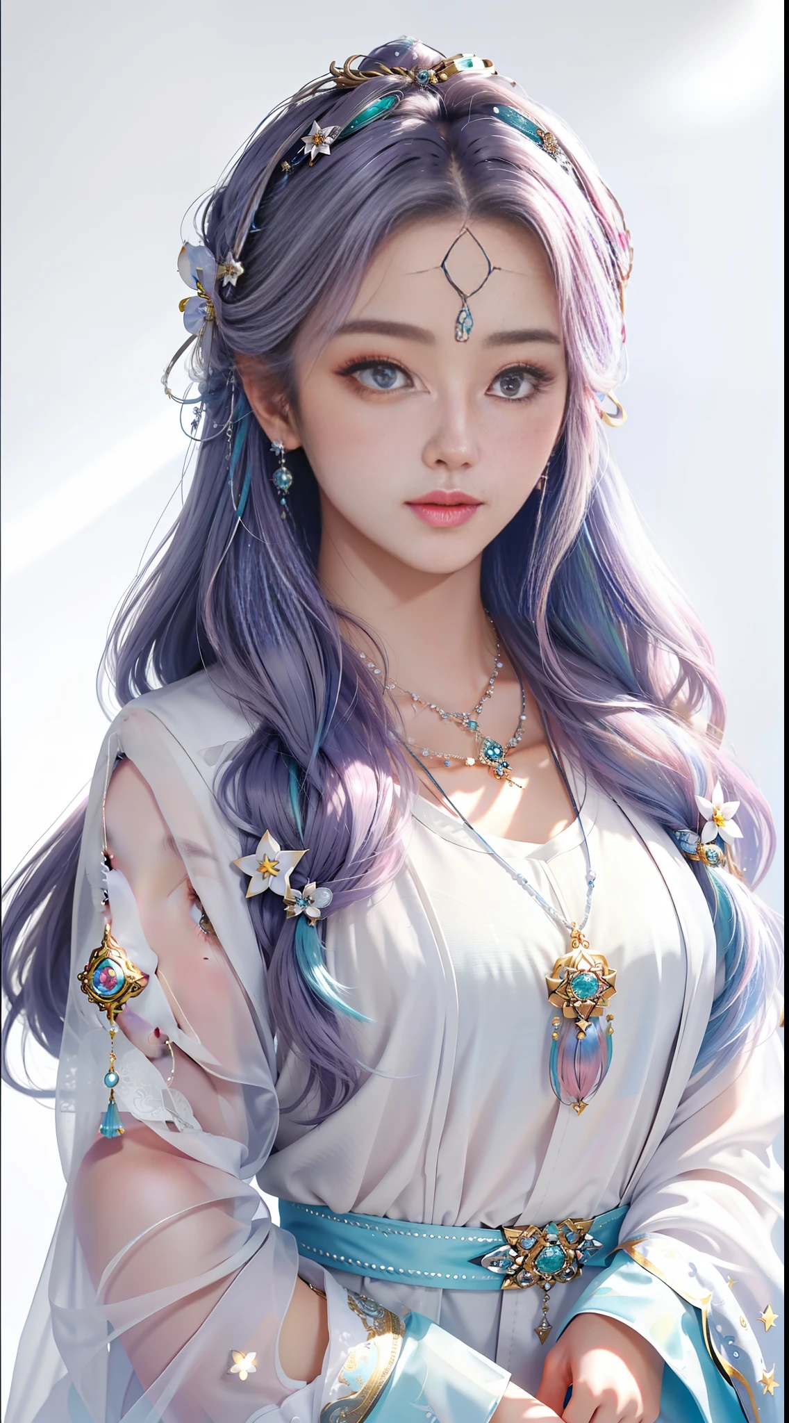Superb Style, Masterpiece, High Resolution, 1girl, Blush, (White Background: 2), Star Eyes, Tibetan Style, Proud, Dismissive, (Colorful Hair: 2), Hair Accessories, Necklace, Jewelry, Beauty, Realistic, Light-edged, (High Detail Skin: 1.2), 8K UHD