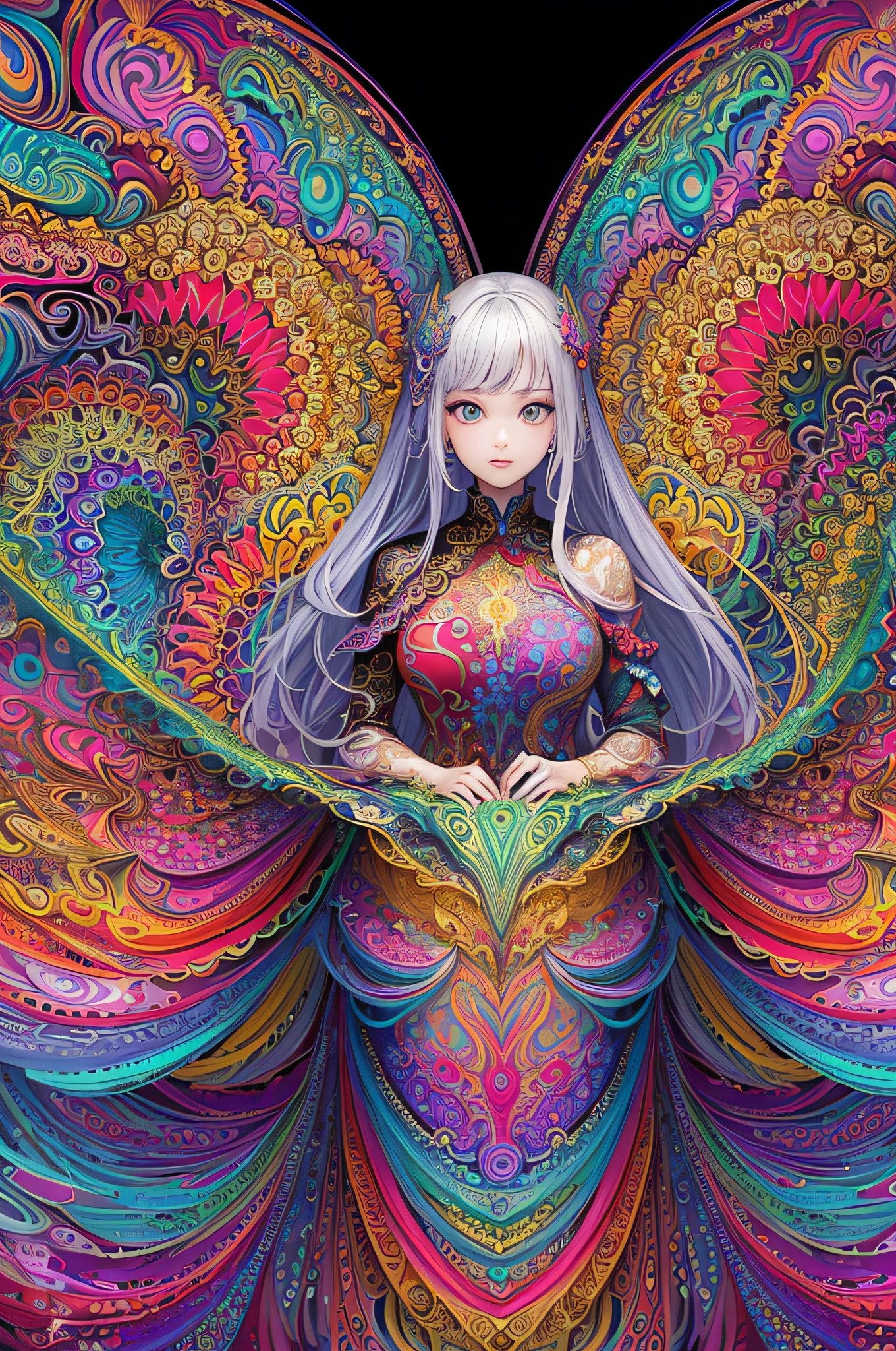(masterpiece, top quality, best quality, official art, beautiful and aesthetic:1.2), (1girl:1.3), extremely detailed,(fractal art:1.2),colorful,highest detailed,(zentangle:1.2), (dynamic pose), (abstract background:1.5), (treditional dress:1.2), (shiny skin), (many colors:1.4), upper body