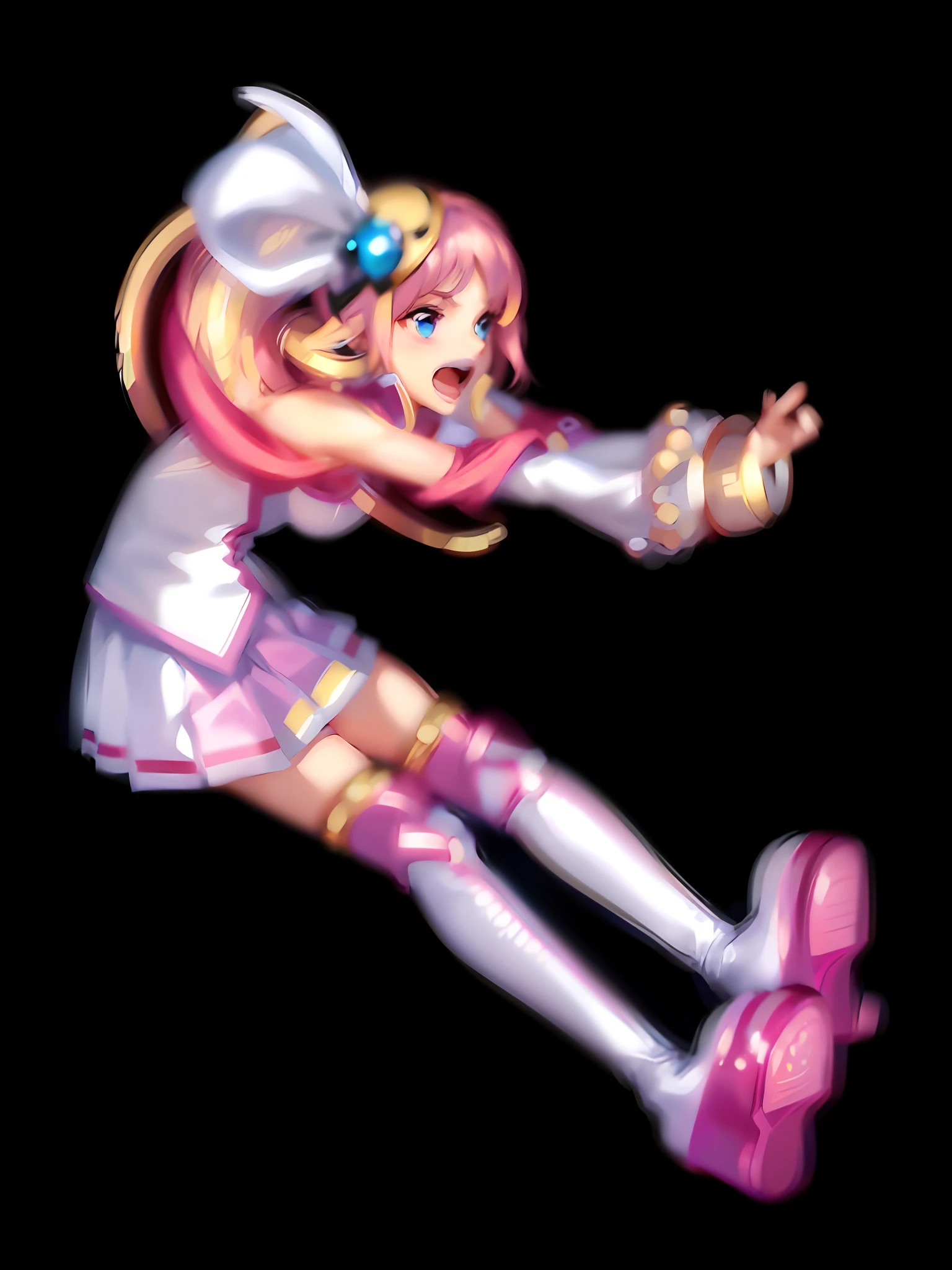((Lora+QuickHand: 1.2), (Masterpiece: 1.5), (Best Quality: 1.5), 8K Resolution, (Perfect Hand: 1.5)), Girl, Cute Face, Blue Eyes, Open Mouth, Shout, (Pink Hair: 1.3+ Single Ponytail), (White Top: 1.2), (Pink Pleated Skirt: 1.2), (Pink Over-the-Knee Socks: 1.2), (Fine Headgear), (White Boots: 1.2), (No Background: 1.5), (Long Legs:1.2)), palm forward