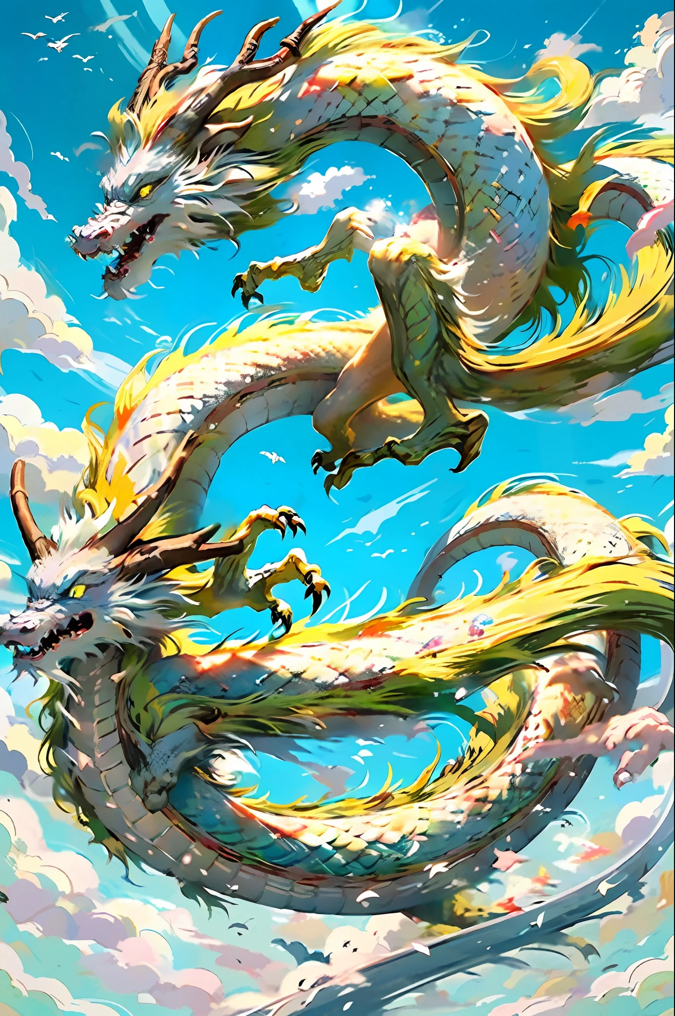 Best quality,masterpiece,ultra high res,nu no humans, (long:1.2),sky, yellow eyes, cloud, scales, eastern dragon, open mouth, sharp teeth, flying, horns, teeth, day, claws, fangs, blue sky
