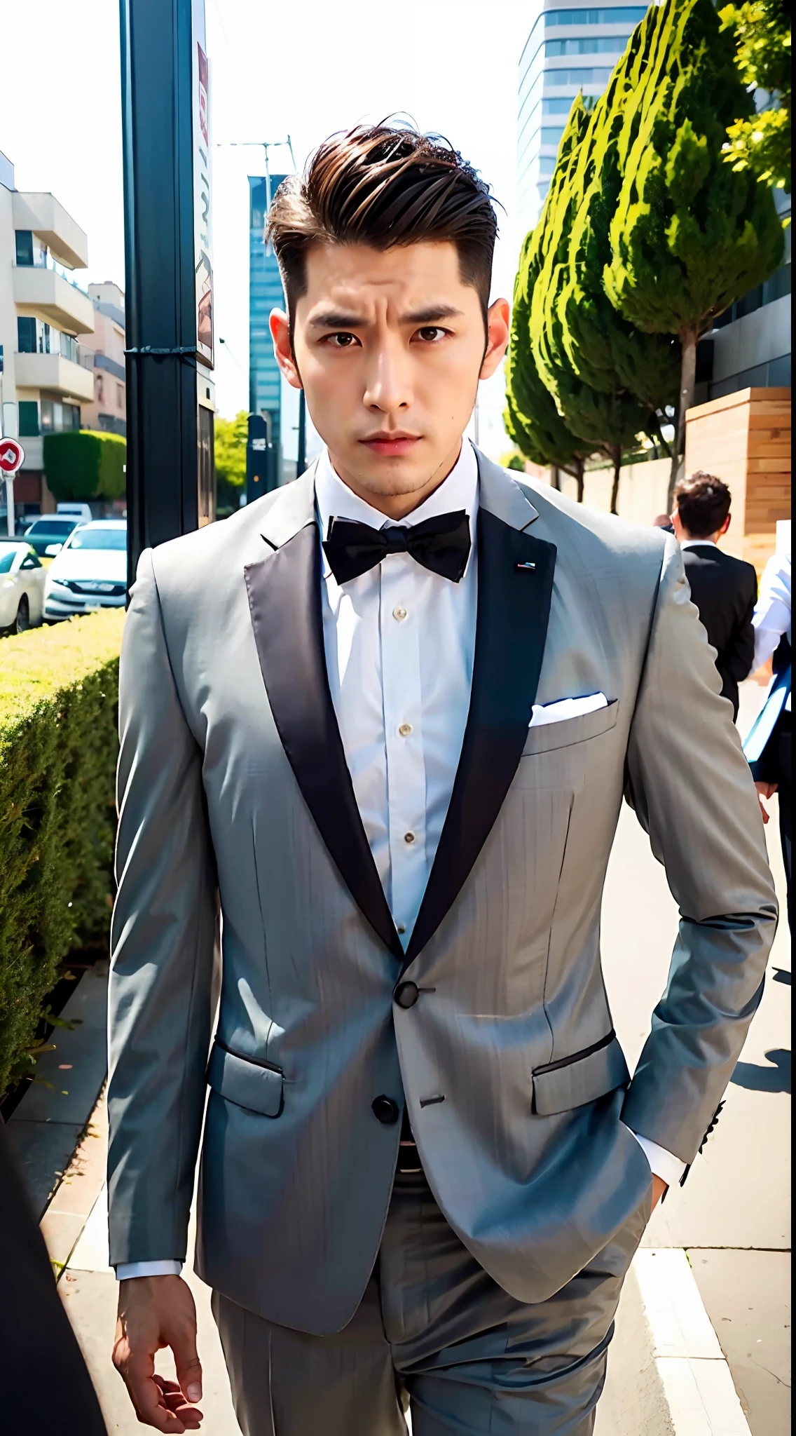 1boy, 35 years old Japanese male, (male:1.5), gray eyes, squint, (very short hair:1.3), under_cut, Pompadour, ((formal)), ((suit)), (handsome, sharp) , fierce facial features,))), (stout muscular body), (stout physique), SFW, outdoors, detailed background, modern urban,