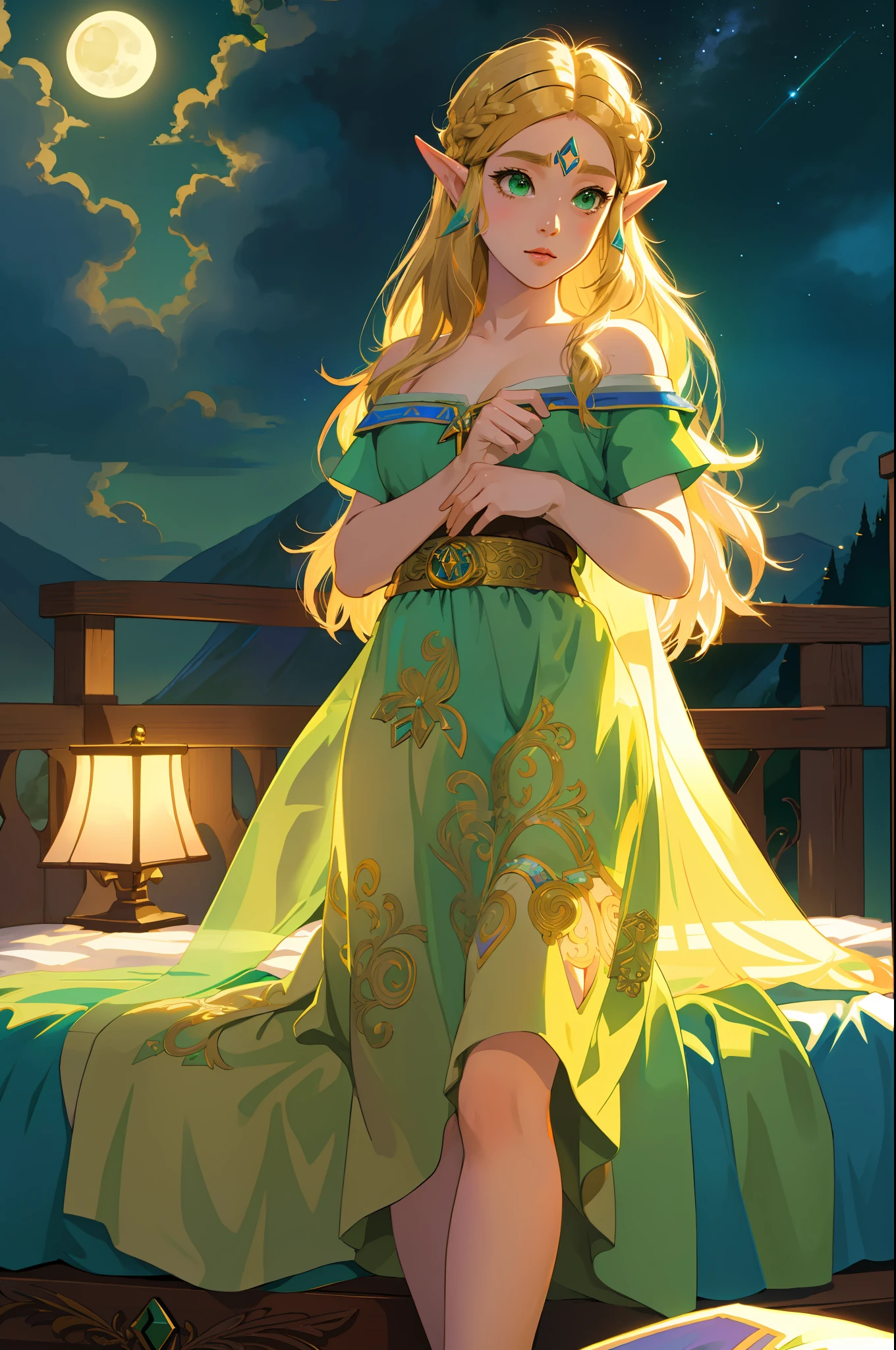 Zelda ((masterpiece)), (illustration), ((best quality)), rainbow color, high resolution illustration, Amazing, highres, intricate detail, extremely detailed CG unity 8k wallpaper ((zelda)), small breast, naked, Long blonde hair, infatuation, (green eyes), NSFW, moonlight, night, bed