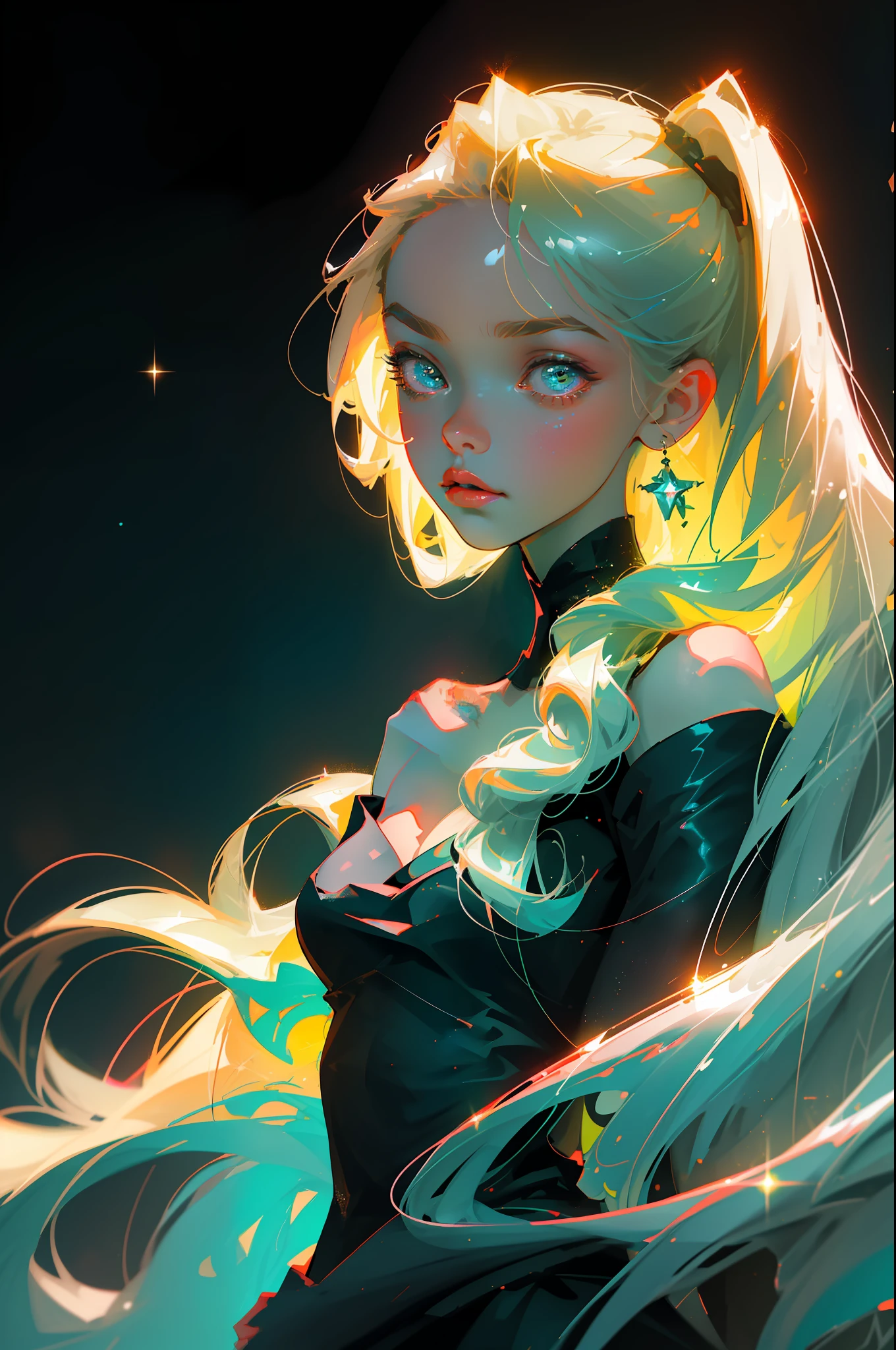 Masterpiece, best quality, super high resolution, fluorescent color,
1 girl, looking at the audience, beautiful face, beautiful eyes, (off-the-shoulder: 1.2), head up, upper body, forest, shiny hair, shiny skin, glowing cut, chibi, finger scale coordination, black starlight dress, particles