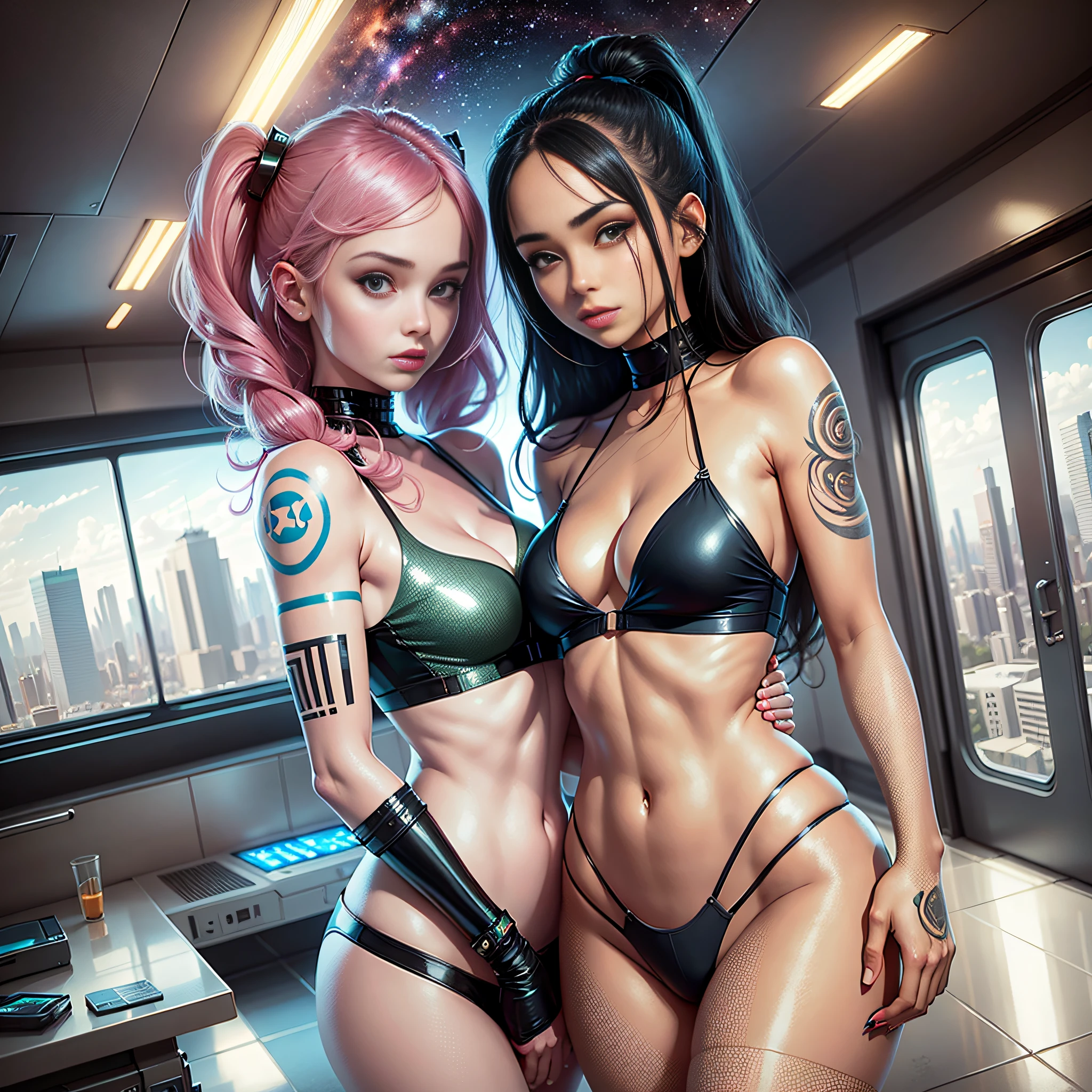 Two sexy young women, sheer bikinis, beautiful sci-fi twins, portrait anime space cadet girl, beautiful tattoo