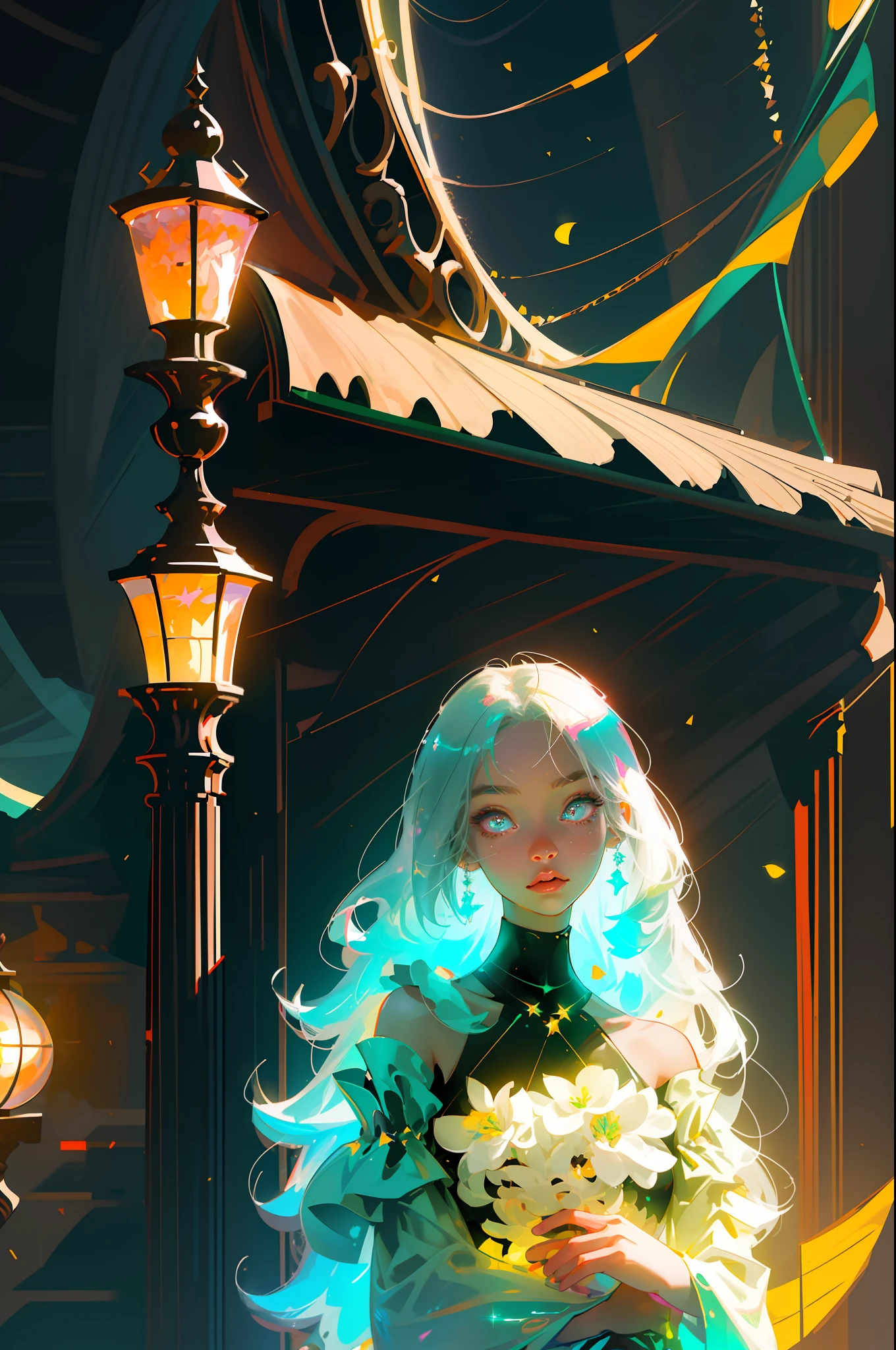 Masterpiece, best quality, super high resolution, fluorescent color,
1 girl, looking at the audience, beautiful face, beautiful eyes, (off-the-shoulder: 1.2), head up, upper body, forest, shiny hair, shiny skin, glowing cut, chibi, finger scale coordination, black starlight dress, particles