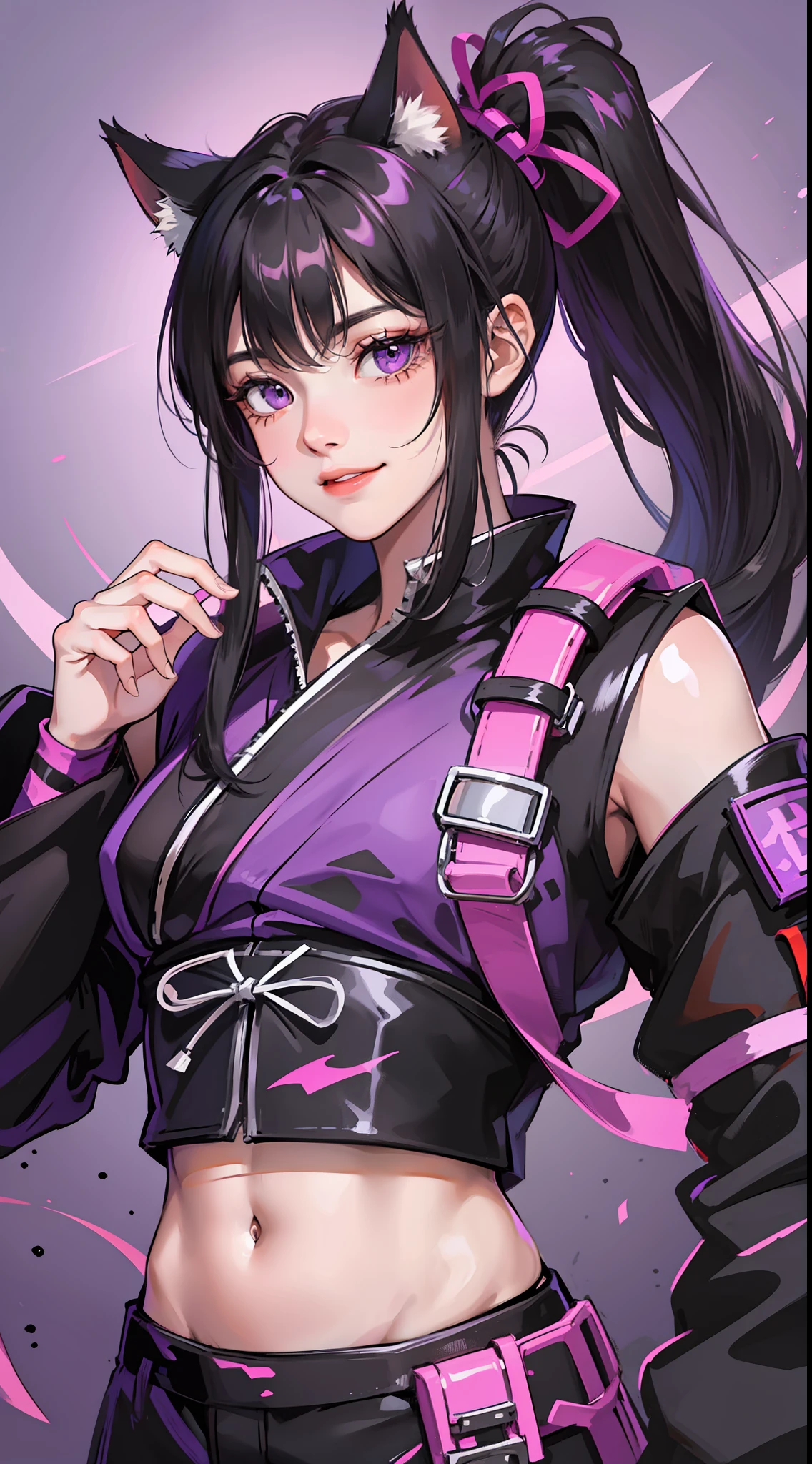 Young guy, long black hair, high ponytail, purple eyes, cat ears, shinobi shape, pants, open belly, smile, masterpiece, high quality
