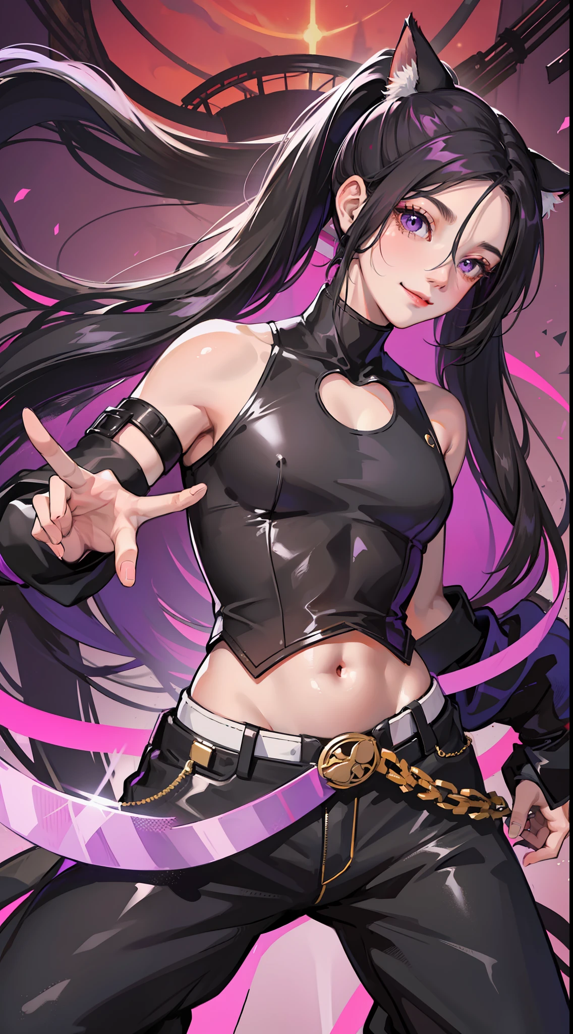 Young guy, long black hair, high ponytail, purple eyes, cat ears, shinobi shape, pants, open belly, smile, masterpiece, high quality