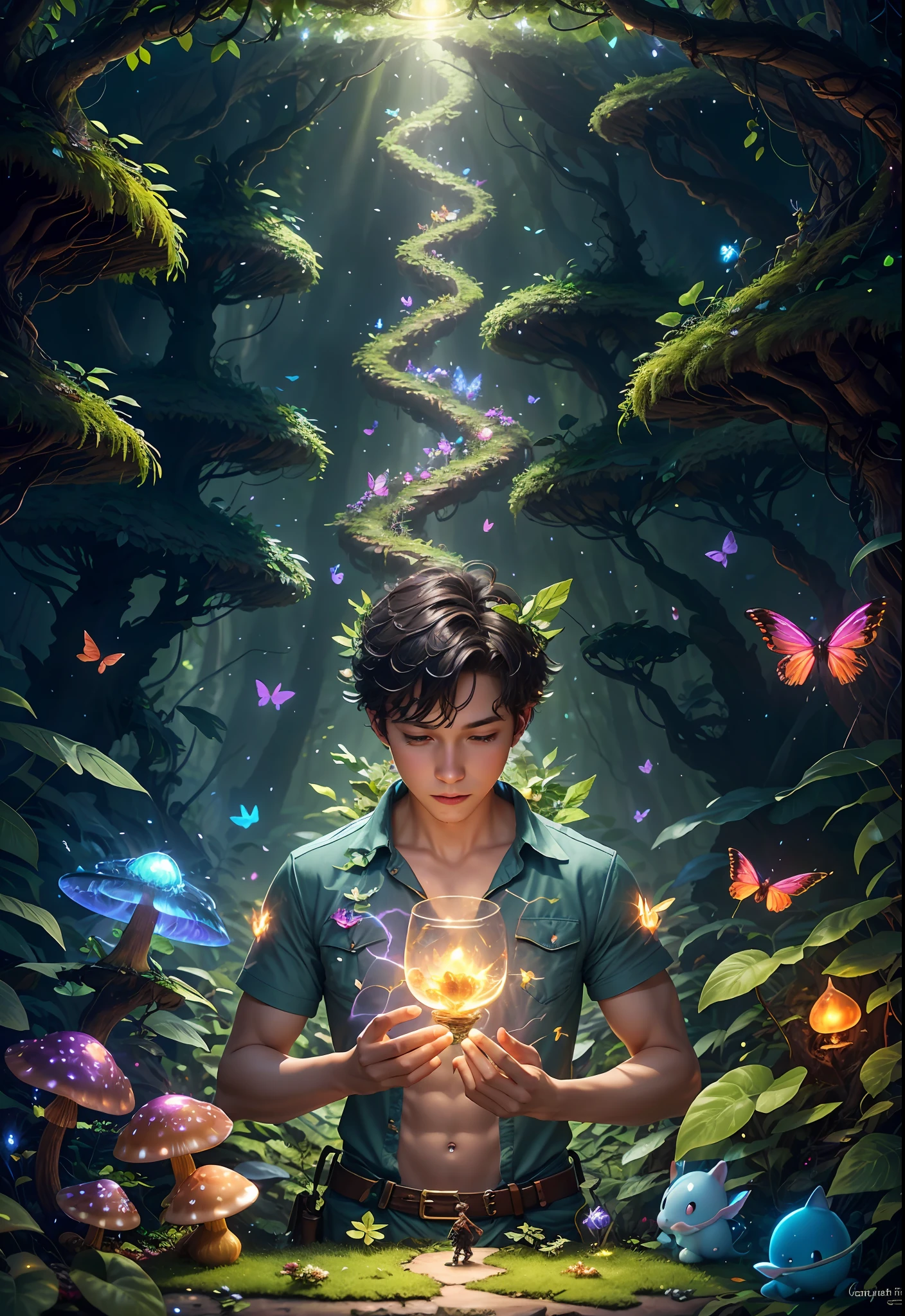 Fantasy in a glass, "ethereal roses, cute slime animals, glowing little mushrooms surrounded by delicate leaves and branches, and fireflies and glowing particle effects, boys in dynamic poses", (natural elements), (jungle theme), (leaves), (branches), (fireflies), butterflies, (delicate leaves), (glow), (particle effects), super realistic, super detailed, dramatic lightning, 4k, masterpiece,