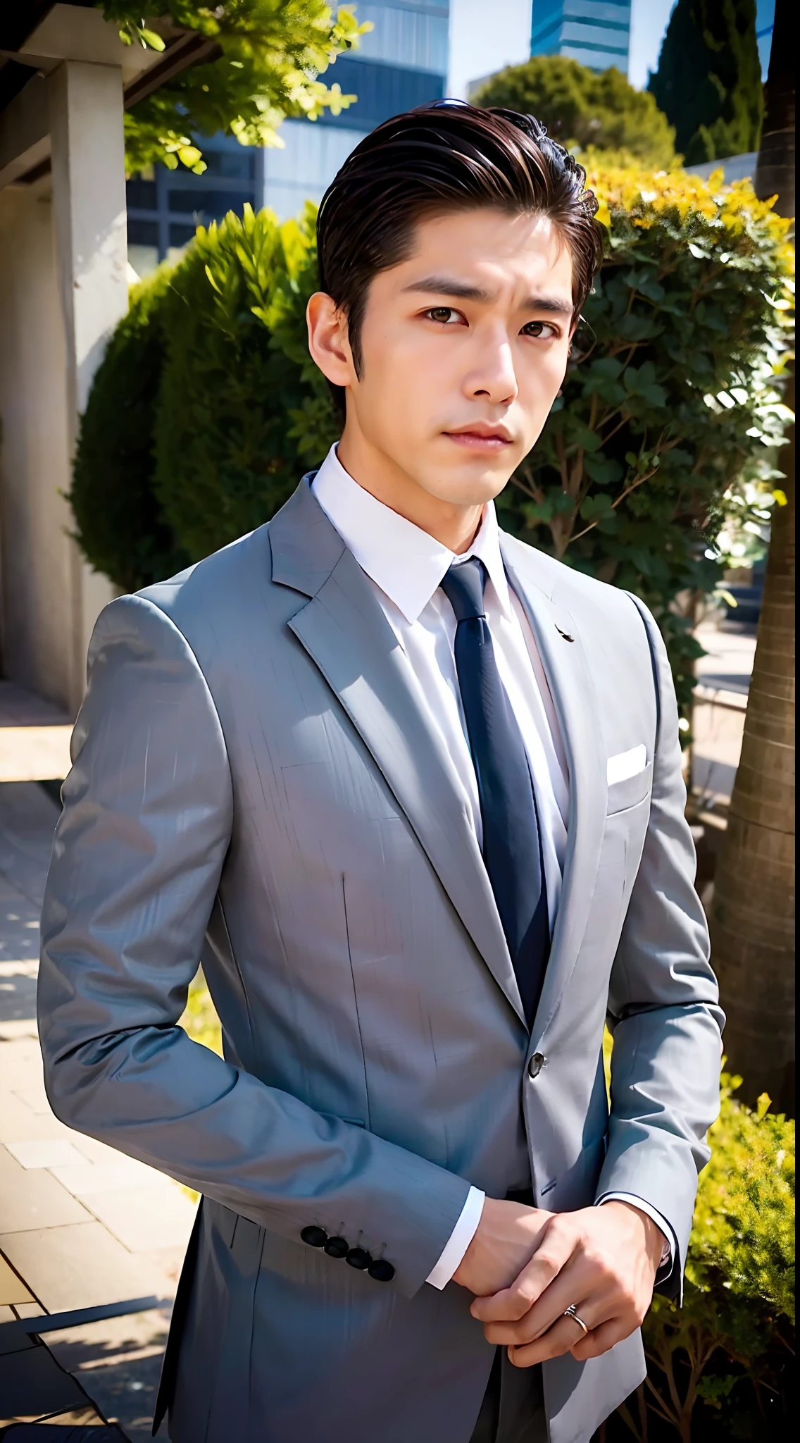 1boy, 35 years old Japanese male, (male:1.5), gray eyes, squint, (very short hair:1.3), under_cut, Pompadour, ((formal)), ((suit)), (handsome, sharp) , fierce facial features,))), (stout muscular body), (stout physique), SFW, outdoors, detailed background, modern urban,