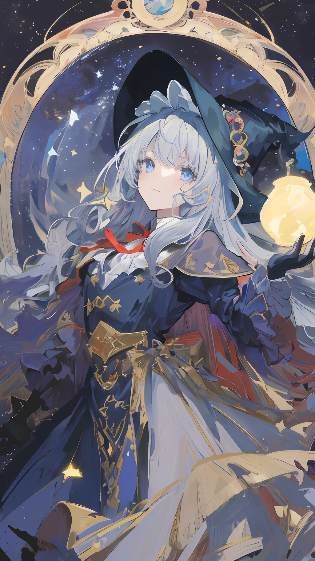 ((masterpiece:1.2, best quality)), 1girl, solo, (witch hat), blonde, long hair, skirt, aurora, night, stars (sky), gloves, sky, white skirt, night sky, mouth open, starry sky, blue Eyes, Ribbons, Long Hair, Red Dress, Smile, Headband, Cape, Blue Hair, (Bird), Magic, Spellcasting, Dark Clouds, Night, (Impressionism: 1.4), (Tarot: 1.3), Alphonse Mucha,