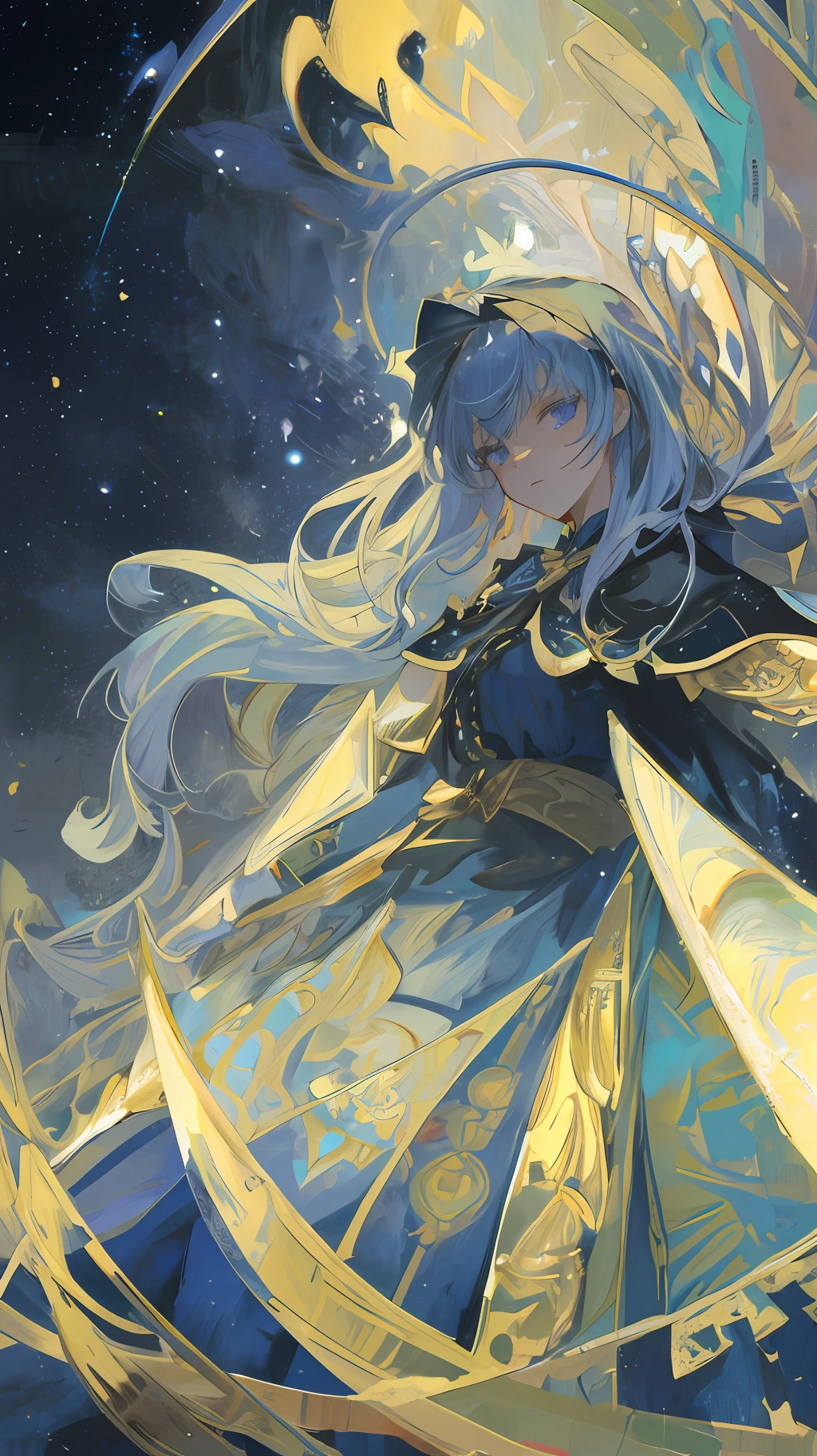 ((masterpiece:1.2, best quality)), 1girl, solo, (witch hat), blonde, long hair, skirt, aurora, night, stars (sky), gloves, sky, white skirt, night sky, mouth open, starry sky, blue Eyes, Ribbons, Long Hair, Red Dress, Smile, Headband, Cape, Blue Hair, (Bird), Magic, Spellcasting, Dark Clouds, Night, (Impressionism: 1.4), (Tarot: 1.3), Alphonse Mucha,