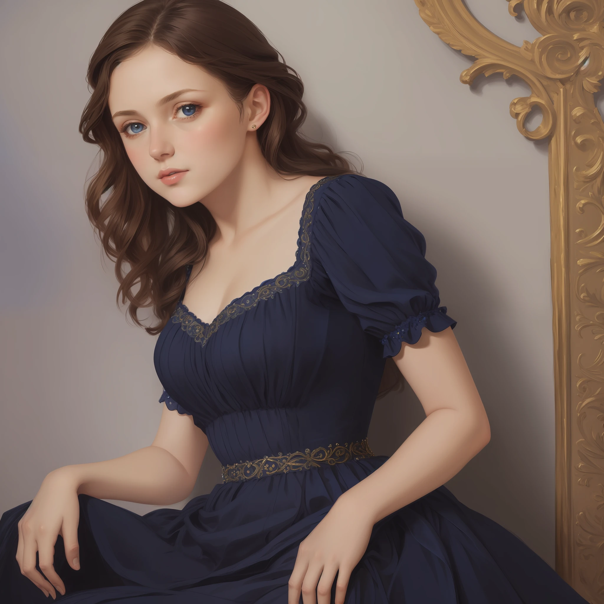 1girl, beautiful teenage girl, small breasts, revealing ornate navy blue dress, short wavy brown hair, portrait, oil painting, modern, realistic proportions, intricate, intricate details, sharp focus