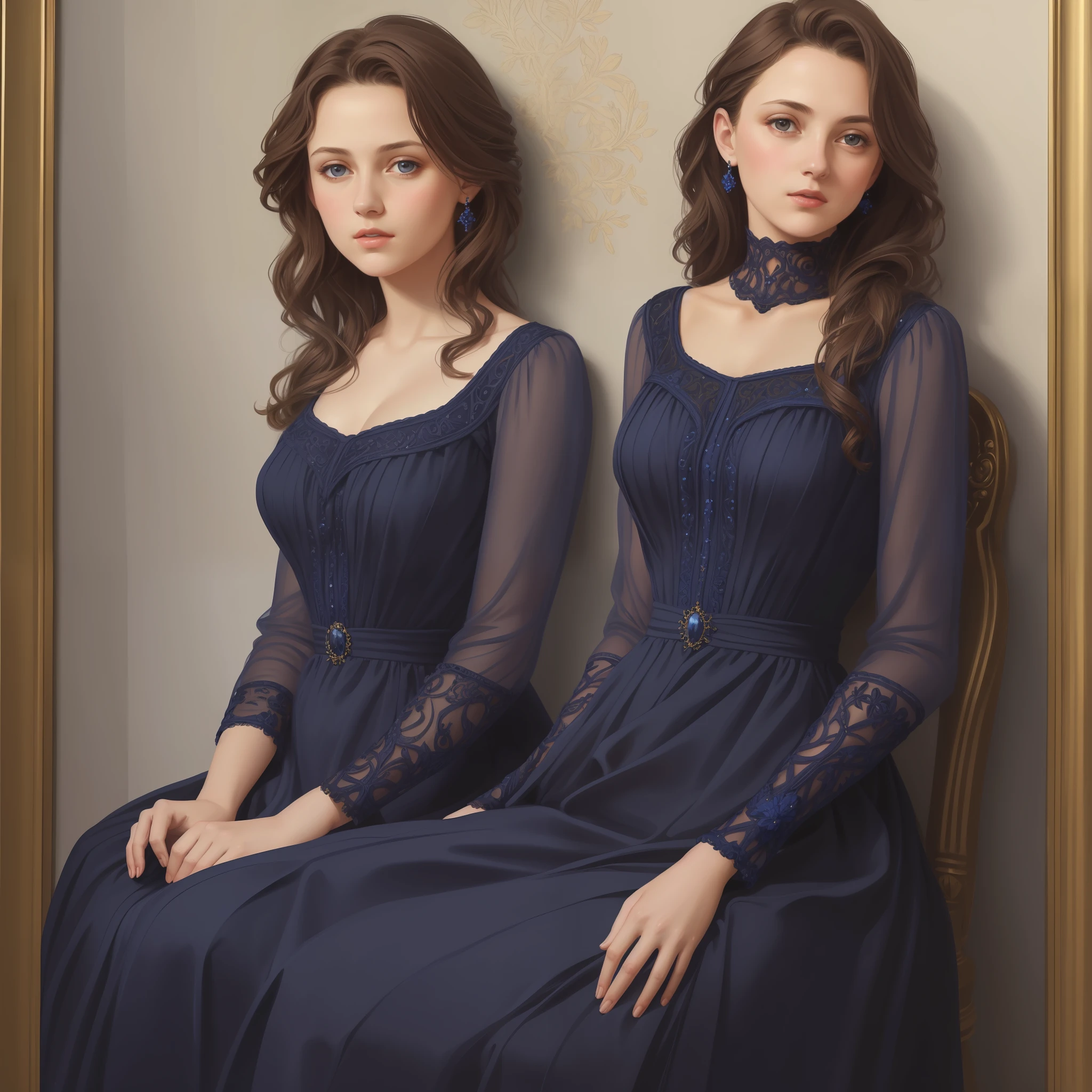 1girl, beautiful teenage girl, small breasts, revealing ornate navy blue dress, short wavy brown hair, portrait, oil painting, modern, realistic proportions, intricate, intricate details, sharp focus
