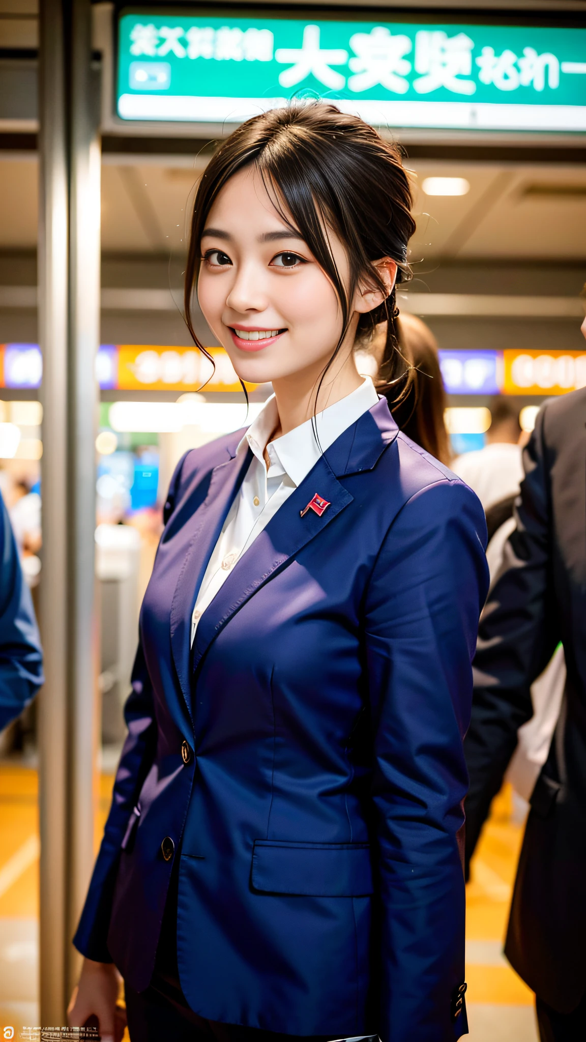(8k, RAW photos, top quality, masterpieces: 1.2), (realistic, photorealistic: 1, .37), cute beautiful girl, young Japan businesswoman, smiling, crowded train, suit