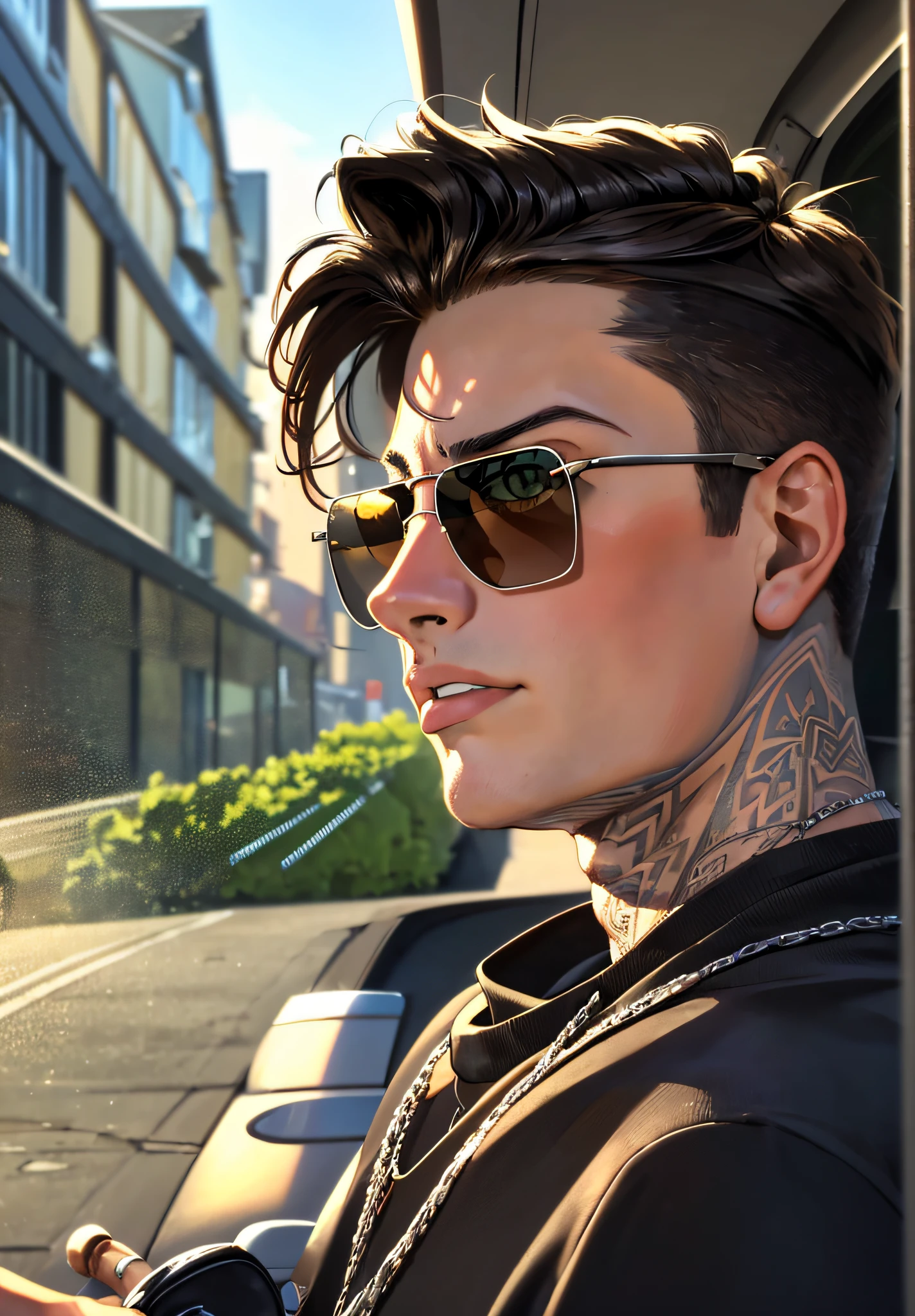 masterpiece, best quality, portrait taken from a distance, A 22-year-old Dimitri Roman, gorgeous, attractive, neck, black sweatshirt, (bad boy) (short hair) (light brown hair), ((black sunglasses)) passing down the street in a BMW, he is driving and looking directly at his love who is on the sidewalk, staring him back. The portrait was taken from the sidewalk