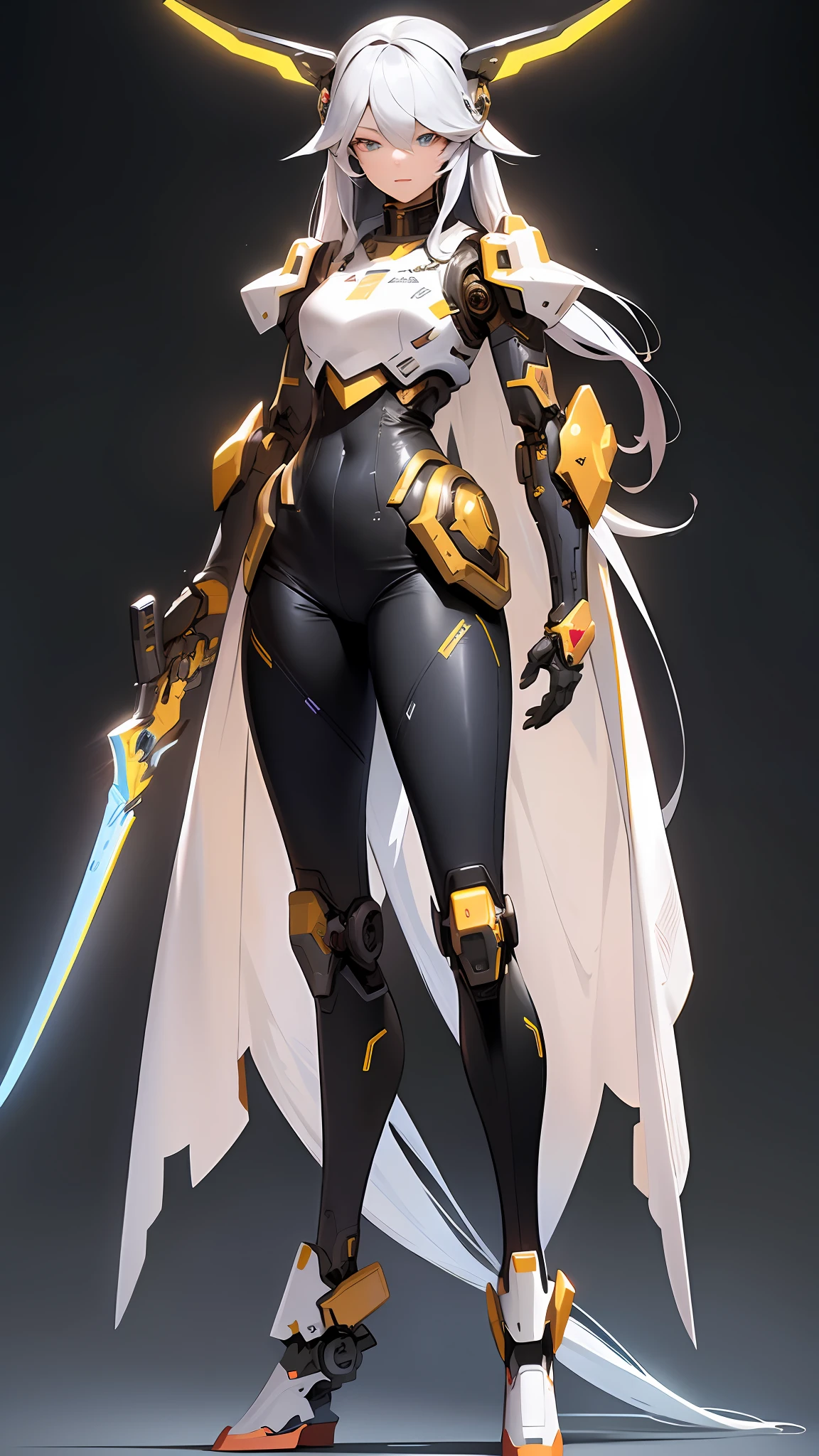 Masterpiece, Excellent, 1girl, tights, full body, long hair, robotic arm, sci-fi, simple background, holding mechanical glowing long sword, standing