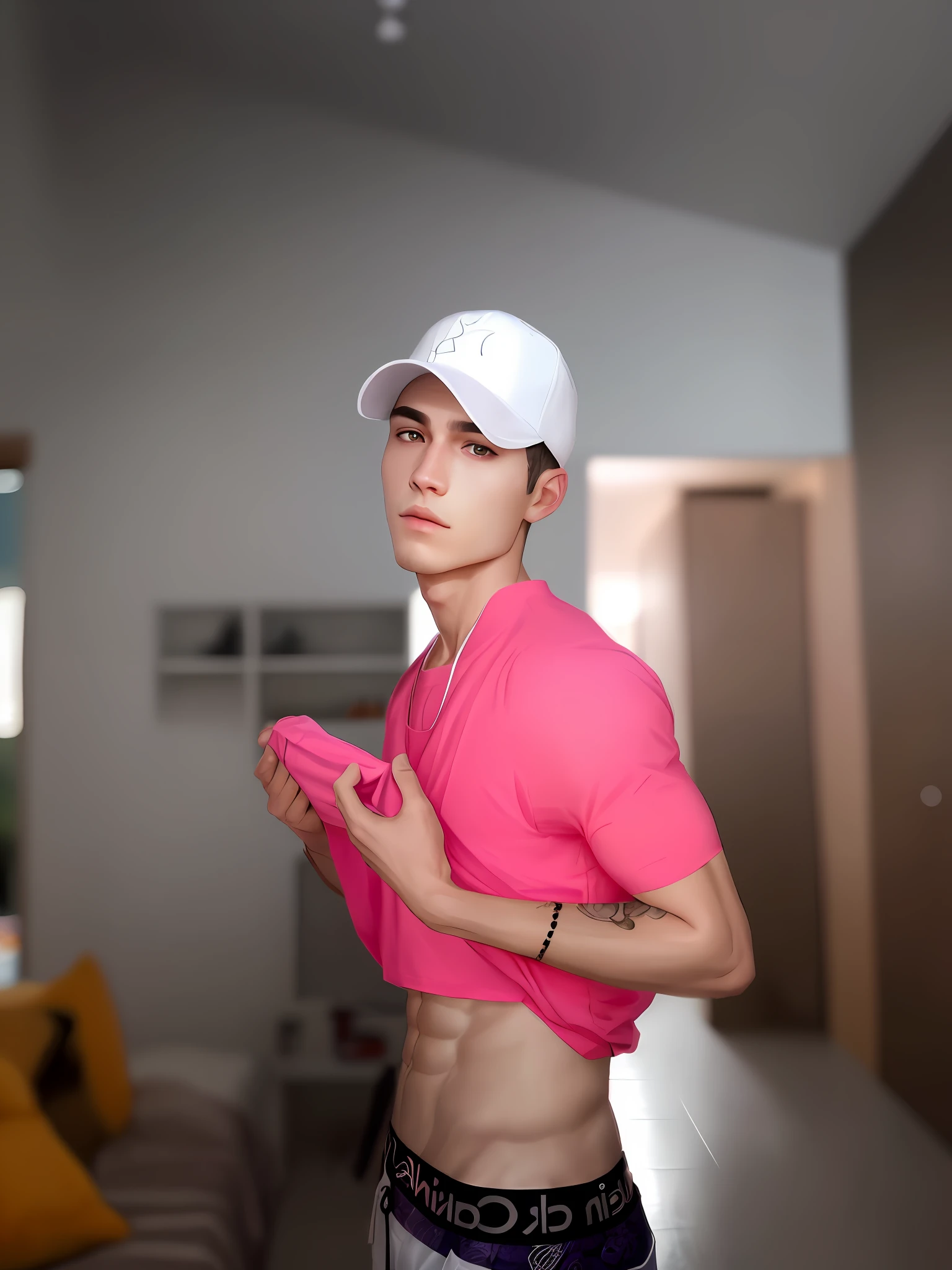 A young Brazilian, 1boy, white skin, detailed skin, 1boy, ((realistic)), abs, good lighting quality, muscle veins, tattoo on left arm ((pale skin)), (masterpiece, ultra quality, high resolution, 8k, intricate: 1.2), (detailed face: 1.2), handsome, wearing pink shirt, bulge, 1boy, solo, looking at the viewer, balance eyes, (((from below))), bedroom, (eye contact)