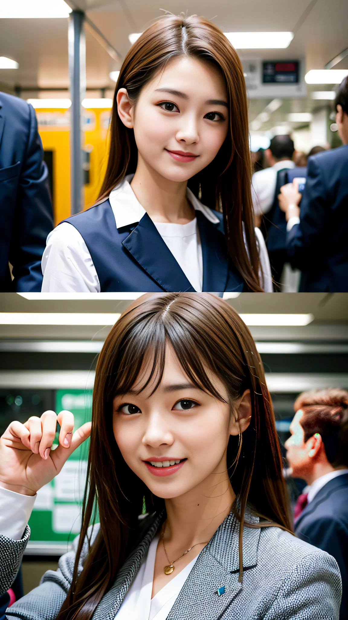 (8k, RAW photos, top quality, masterpieces: 1.2), (realistic, photorealistic: 1, .37), cute beautiful girl, young Japan businesswoman, smiling, crowded train, suit