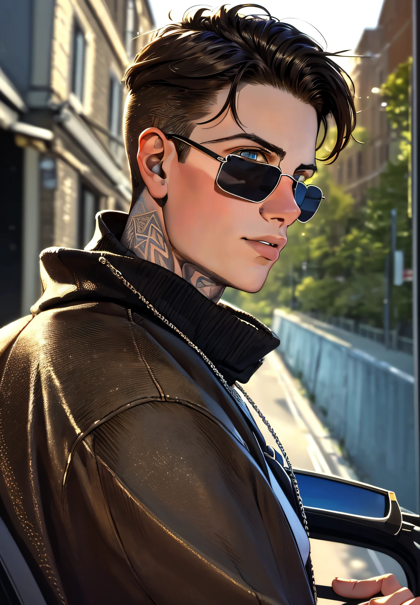 masterpiece, best quality, portrait taken from a distance, A 22-year-old Dimitri Roman, gorgeous, attractive, neck, black sweatshirt, (bad boy) (short hair) (light brown hair), ((black sunglasses)) passing down the street in a BMW, he is driving and looking directly at his love who is on the sidewalk, staring him back. The portrait was taken from the sidewalk