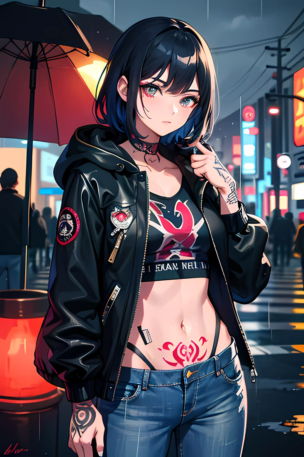1girl, jacket, tattoos, jeans, night city, rain