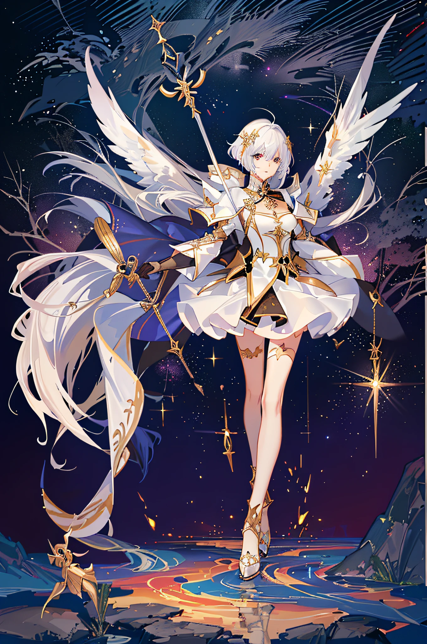 anime girl with a sword and wings standing in front of a sunset, knights of zodiac girl, angel knight girl, portrait knights of zodiac girl, angelic golden armor, anime goddess, as a mystical valkyrie, full - body majestic angel, white haired deity, beautiful celestial mage, keqing from genshin impact, digital art on pixiv