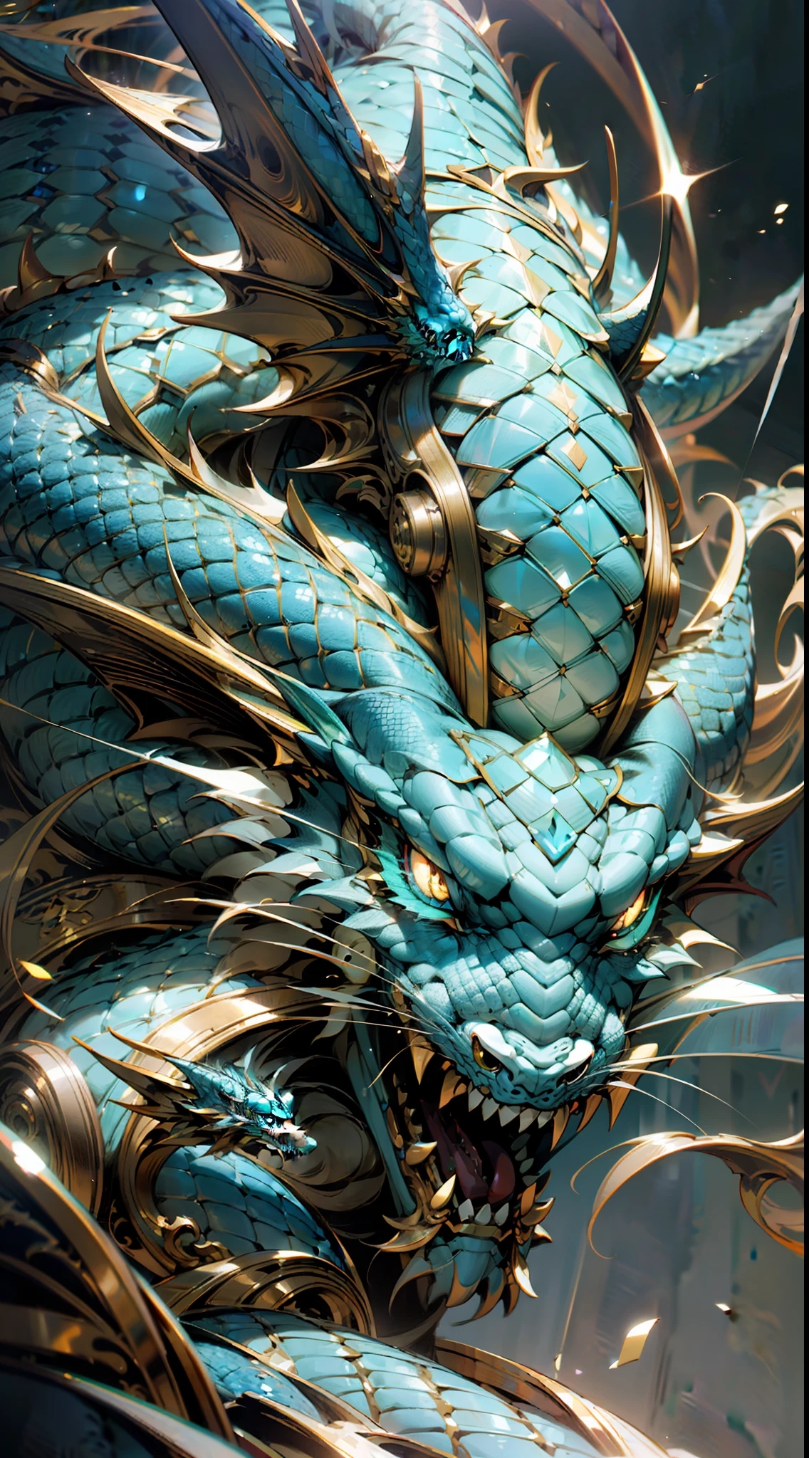 Highest image quality, ultra HD, masterpiece, a cyan Chinese dragon, divine dragon, slender dragon whiskers, dragon eye special effect light, extremely beautiful layered scales, light and shadow, particle light, particle special effects, aesthetic romance, dream highest quality, ultra HD, masterpiece, exquisite CG, face face exquisite details, rich picture layers, open mouth, clear outline, face close-up, beautiful, perfect details, best quality, highest quality, high resolution, HD, 16k, 8k, UHD, HD, HD