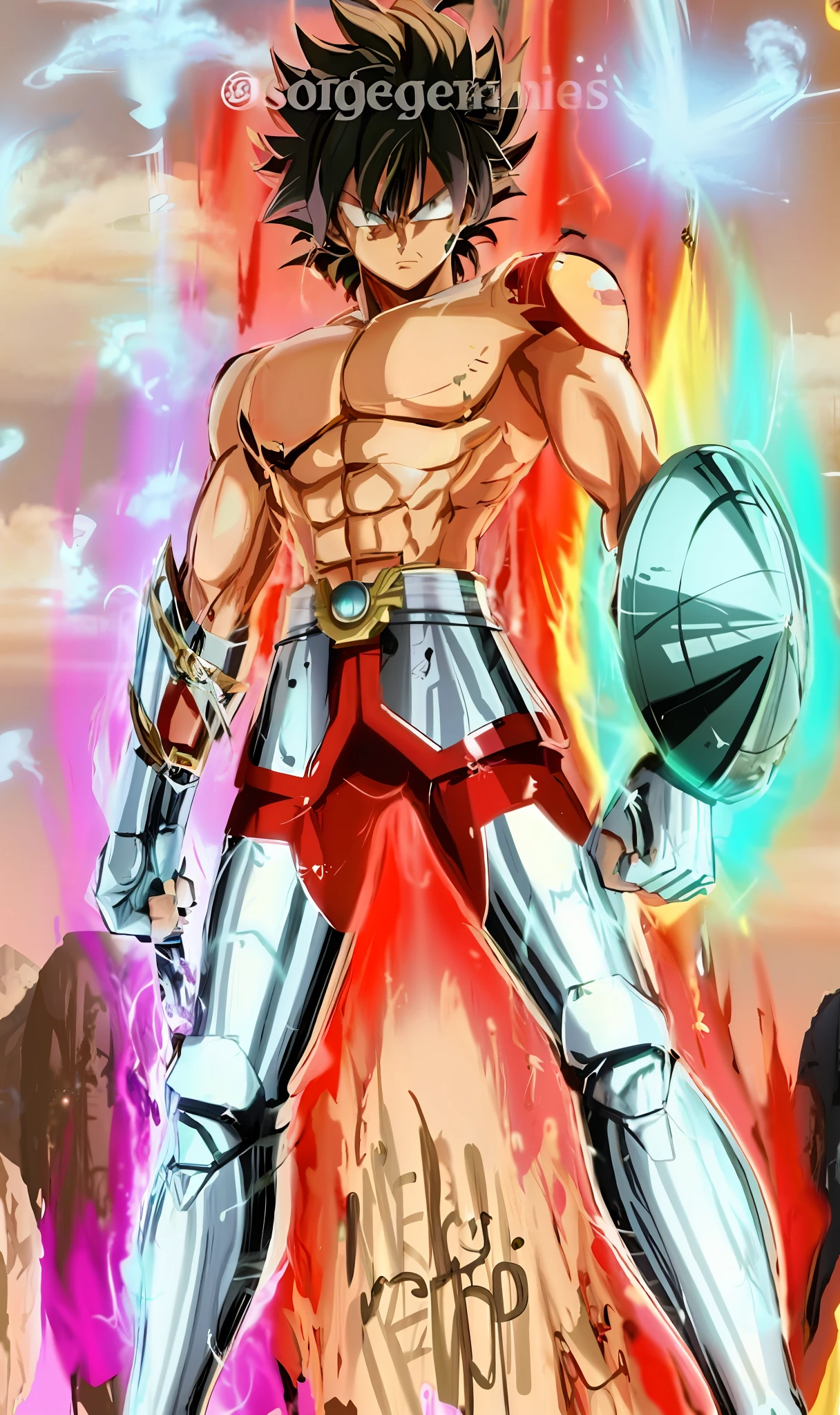 a cartoon picture of a man in armor with a sword, an epic anime of a energy man, greek god in mecha style, muscular!! sci-fi, saiyan armor, broly, jesus christ going super saiyan, saint seiya, heman style, character dragonball, transforming into his final form, super saiyan, super sayan