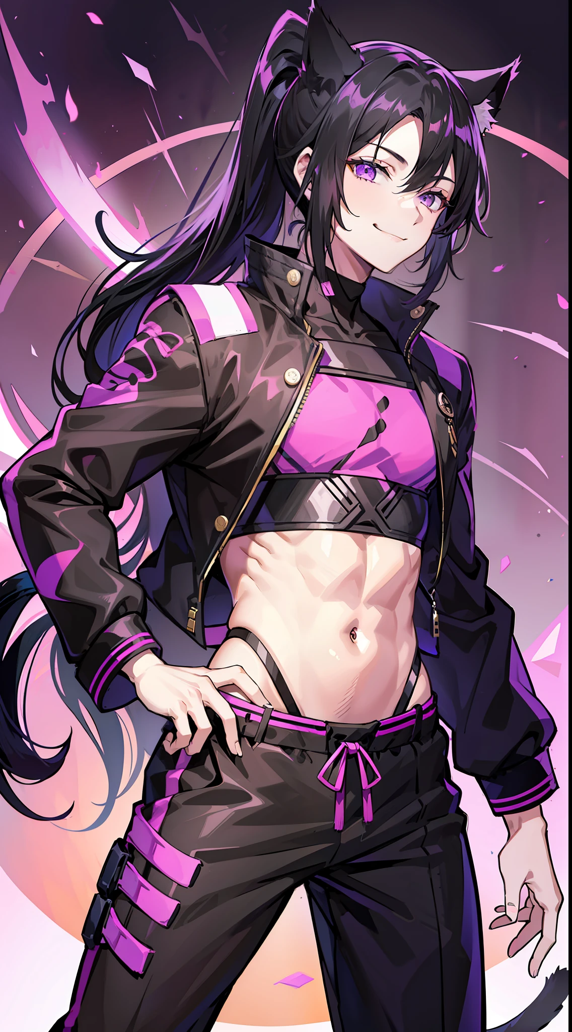 Young guy, long black hair, high ponytail, purple eyes, cat ears, shinobi shape, pants, open belly, smile, masterpiece, high quality