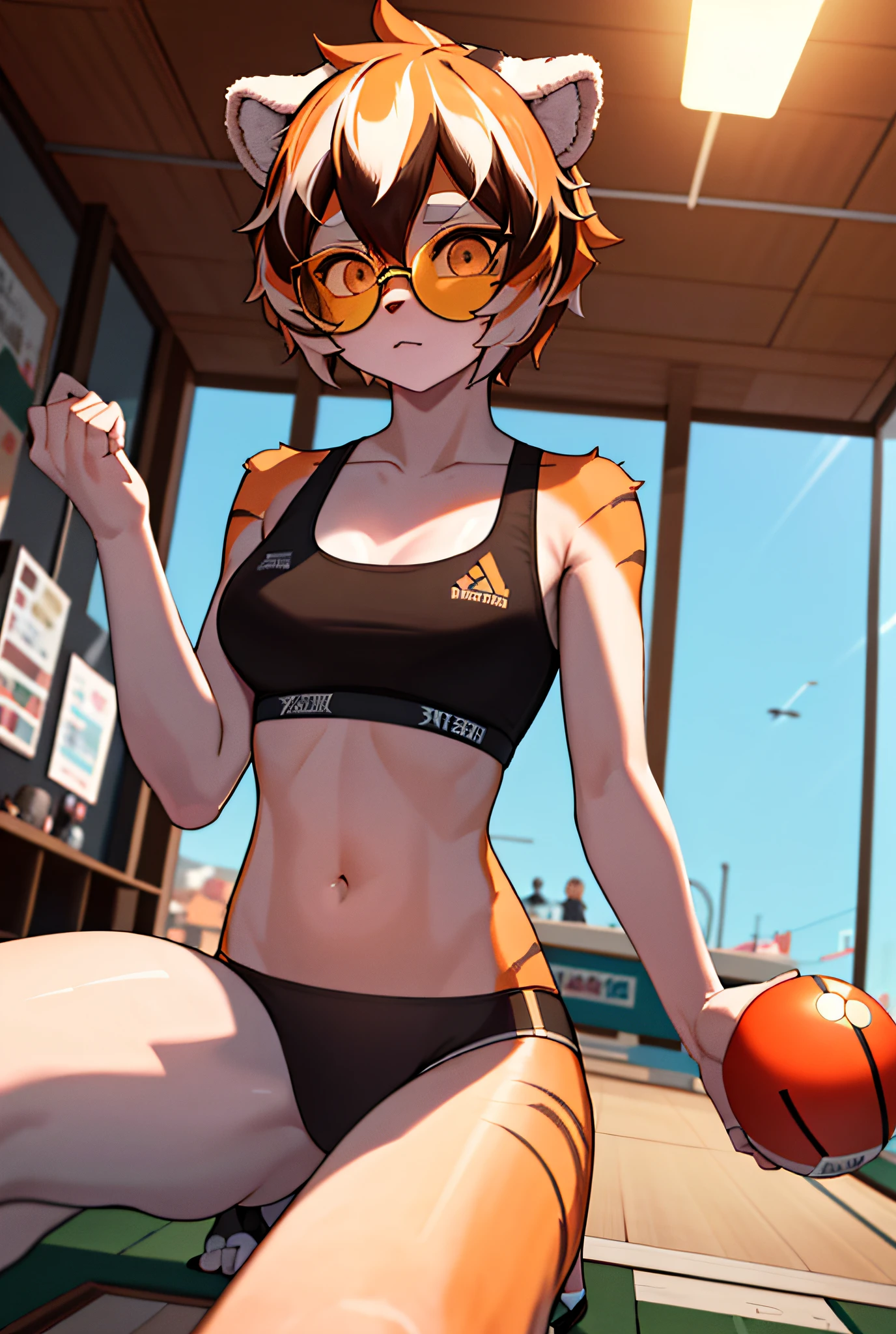 waai_fu, 1 girl, fluffy, masterpiece, best quality, solo, fur, (detailed eye image: 0.9), (detailed lighting, depth of field: 0.9), bowling alley, perspective, day, face, side, disgust, round glasses, sports bra,