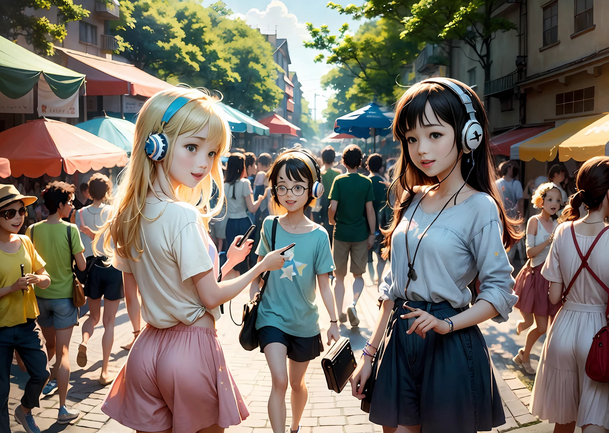 stars, shining, people play and party, summer, headphone and music in the background, vibrant colors, bright sunny background, Ghibli studio