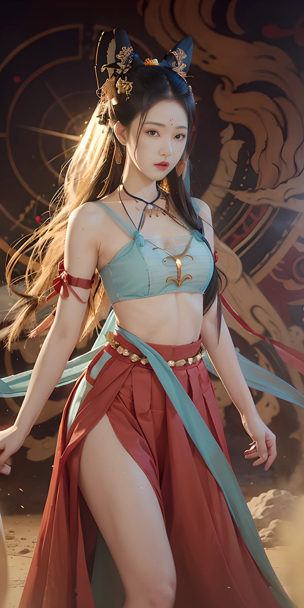 1girl, Dunhuang flying costume, messy long hair, zydG, Dunhuang style, lots of smoke, superb, elegant colors, red ribbon, long skirt, high split end, exposed thighs, realistic, high detail, masterpiece, super detailed, dynamic angle, mural background, ink, amazing, movie lighting, illustration, chiaroscuro, backlight, god light, best quality, best quality, anatomically correct, surrealism, drop shadow, anaglyph, stereogram, tachi-e, pov, atmospheric perspective, 8k, super detail, ccurate, best quality, anatomically correct, high details, best quality, high quality, highres