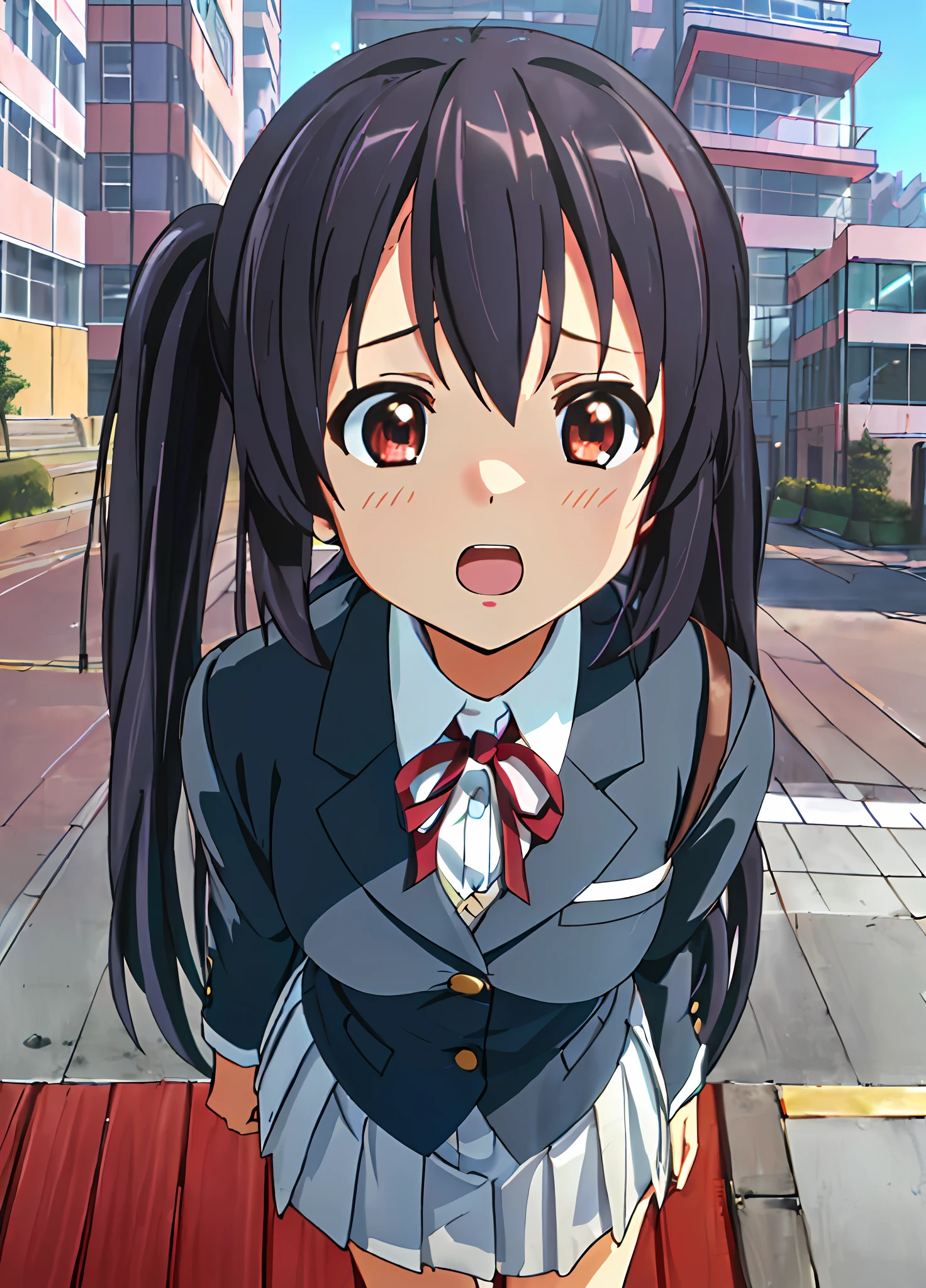 1girl, ((((Masterpiece))), Best Quality, Best Quality, High Detail, Azusa Nakano, 1girl, Sakuragaoka High School Uniform, Musical Instrument, School Uniform, Twin Tails, Long Hair, Black Hair, Brown Eyes, Solo, Red, Dark blue blazer with a thin ribbon of red, Solid white button shirt under blazer, Illustration, Cartoon, Soothing tones, Muted colors, Soft cinematic light, Adobe Lightroom, Photo Lab, HDR, complex and highly detailed, (((depth of field))))). (((Masterpiece))). (((highest quality))).) ((super detail))). (((Illustration))). (((Outside))). (((fighting stance))).,((((Giantization))).dynamic focus.small breasts. (((skyscrapers))). (((Cityscape))). (((Face of sadness))). open mouth.