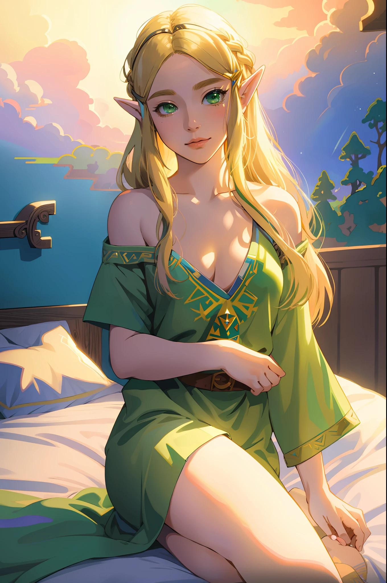 Zelda ((masterpiece)), (illustration), ((best quality)), rainbow color, high resolution illustration, Amazing, highres, intricate detail, extremely detailed CG unity 8k wallpaper ((zelda)), small breast, naked, Long blonde hair, infatuation, (green eyes), NSFW, moonlight, night, bed