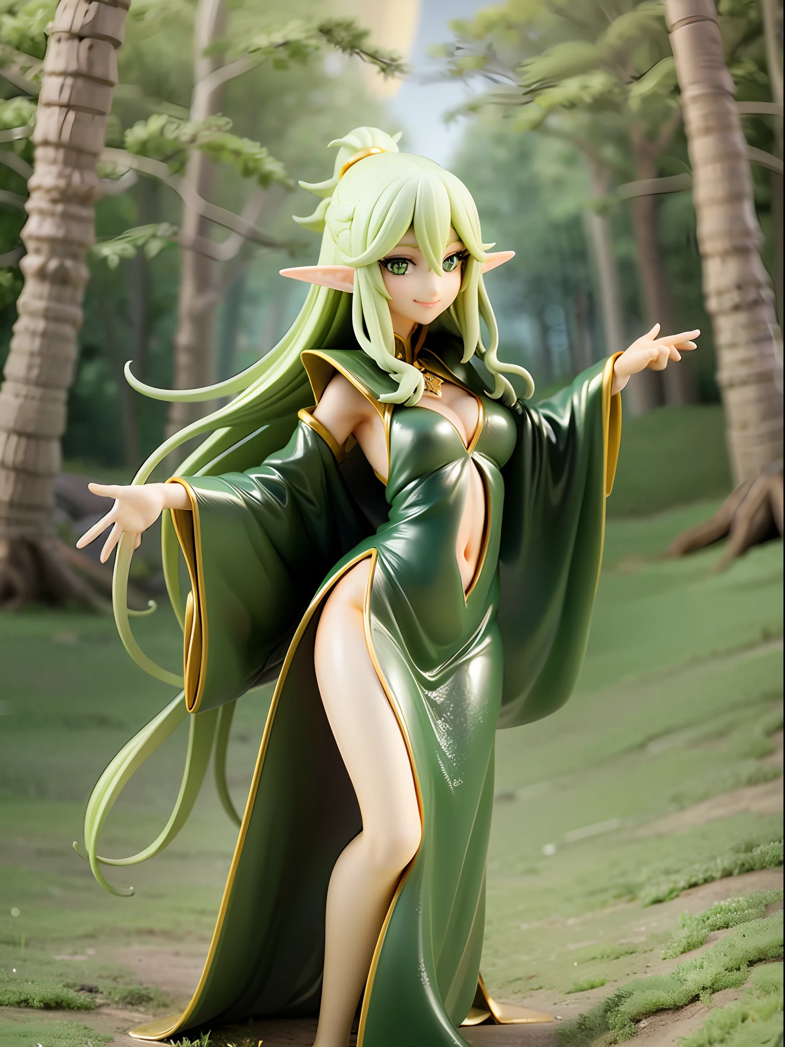1 elf girl, slender, elf ears, beautiful eye, elegant smile, green elf style robe, dress with green gems, blond wavy long hair, deep gold eyes, dancing joyfully, moonlit forest, full body