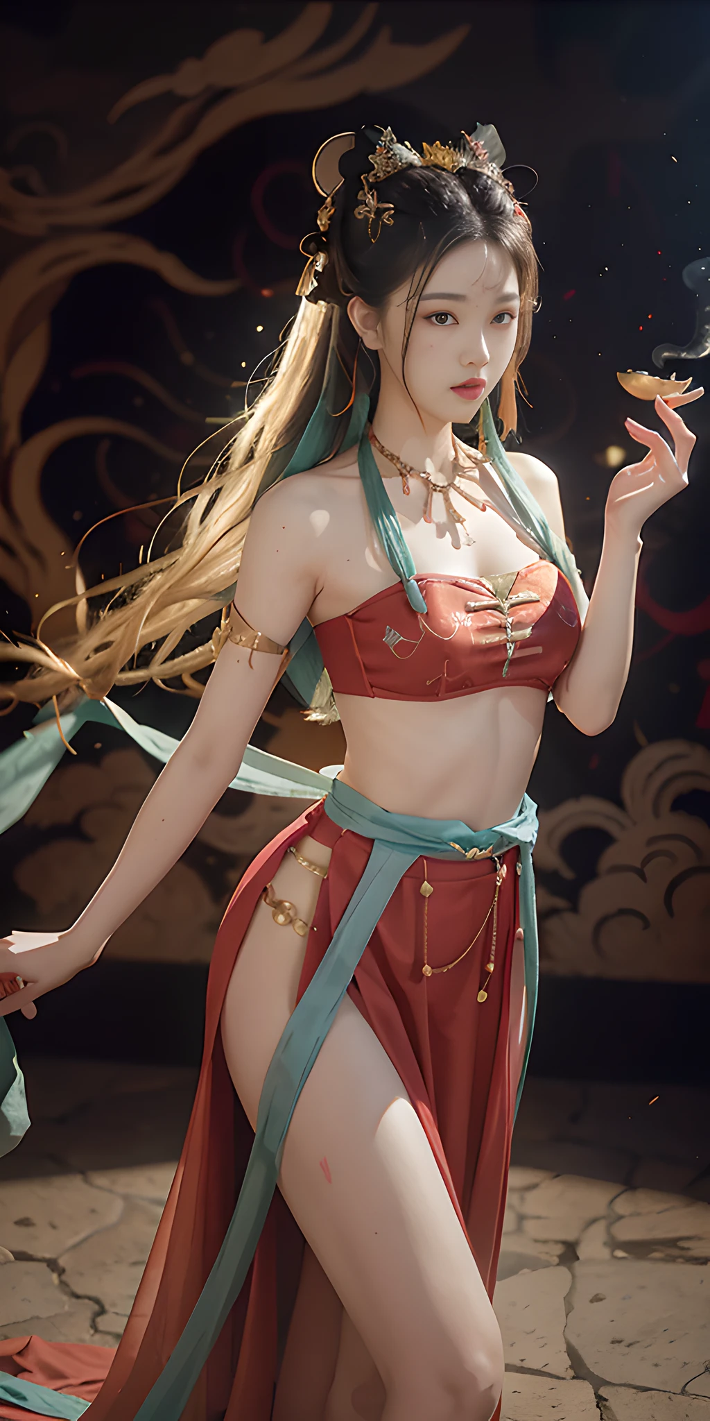 1girl, Dunhuang flying costume, messy long hair, zydG, Dunhuang style, lots of smoke, superb, elegant colors, red ribbon, long skirt, high split end, exposed thighs, realistic, high detail, masterpiece, super detailed, dynamic angle, mural background, ink, amazing, movie lighting, illustration, chiaroscuro, backlight, god light, best quality, best quality, anatomically correct, surrealism, drop shadow, anaglyph, stereogram, tachi-e, pov, atmospheric perspective, 8k, super detail, ccurate, best quality, anatomically correct, high details, best quality, high quality, highres