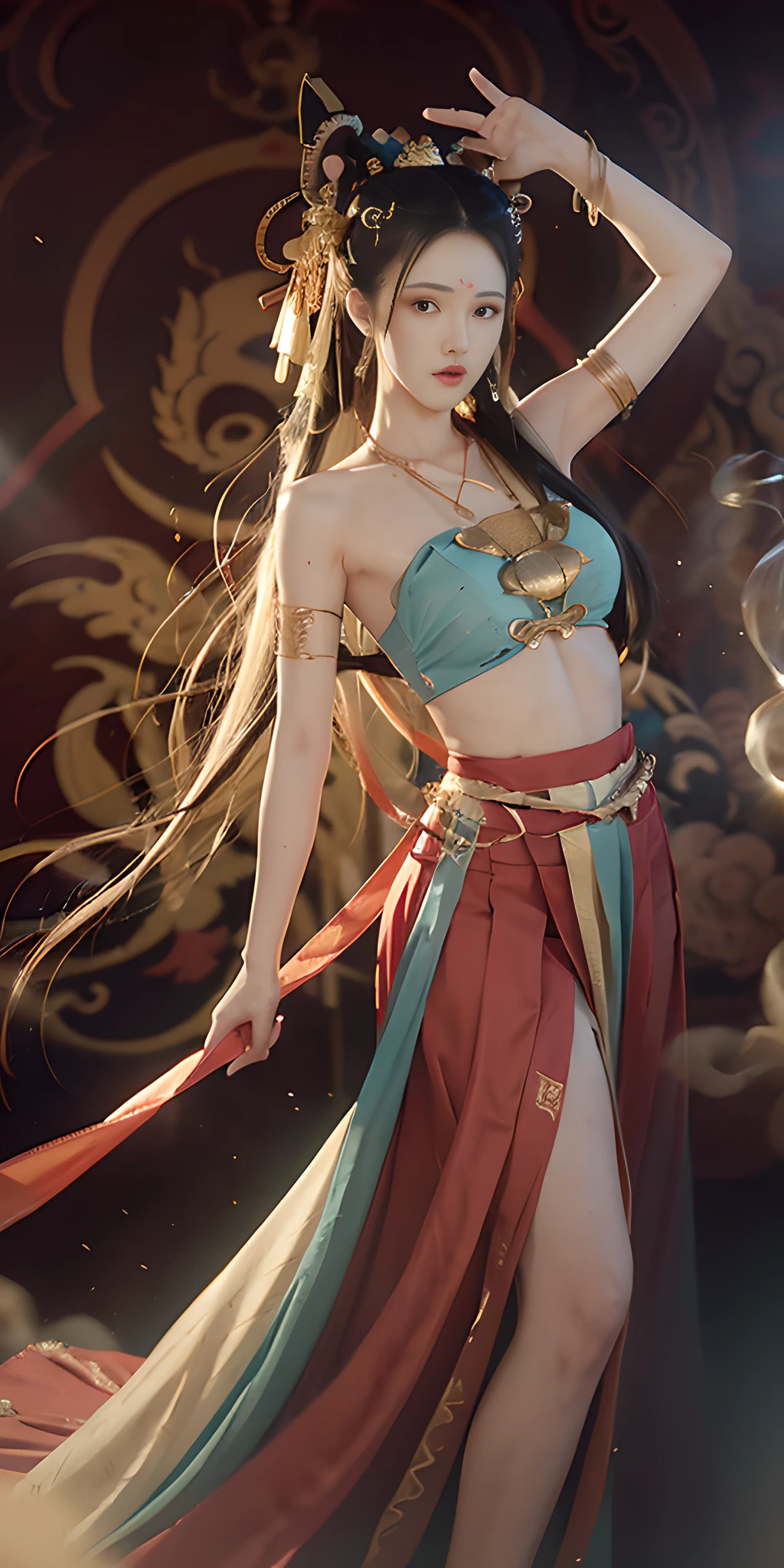 1girl, Dunhuang flying costume, messy long hair, zydG, Dunhuang style, lots of smoke, superb, elegant colors, red ribbon, long skirt, high split end, exposed thighs, realistic, high detail, masterpiece, super detailed, dynamic angle, mural background, ink, amazing, movie lighting, illustration, chiaroscuro, backlight, god light, best quality, best quality, anatomically correct, surrealism, drop shadow, anaglyph, stereogram, tachi-e, pov, atmospheric perspective, 8k, super detail, ccurate, best quality, anatomically correct, high details, best quality, high quality, highres