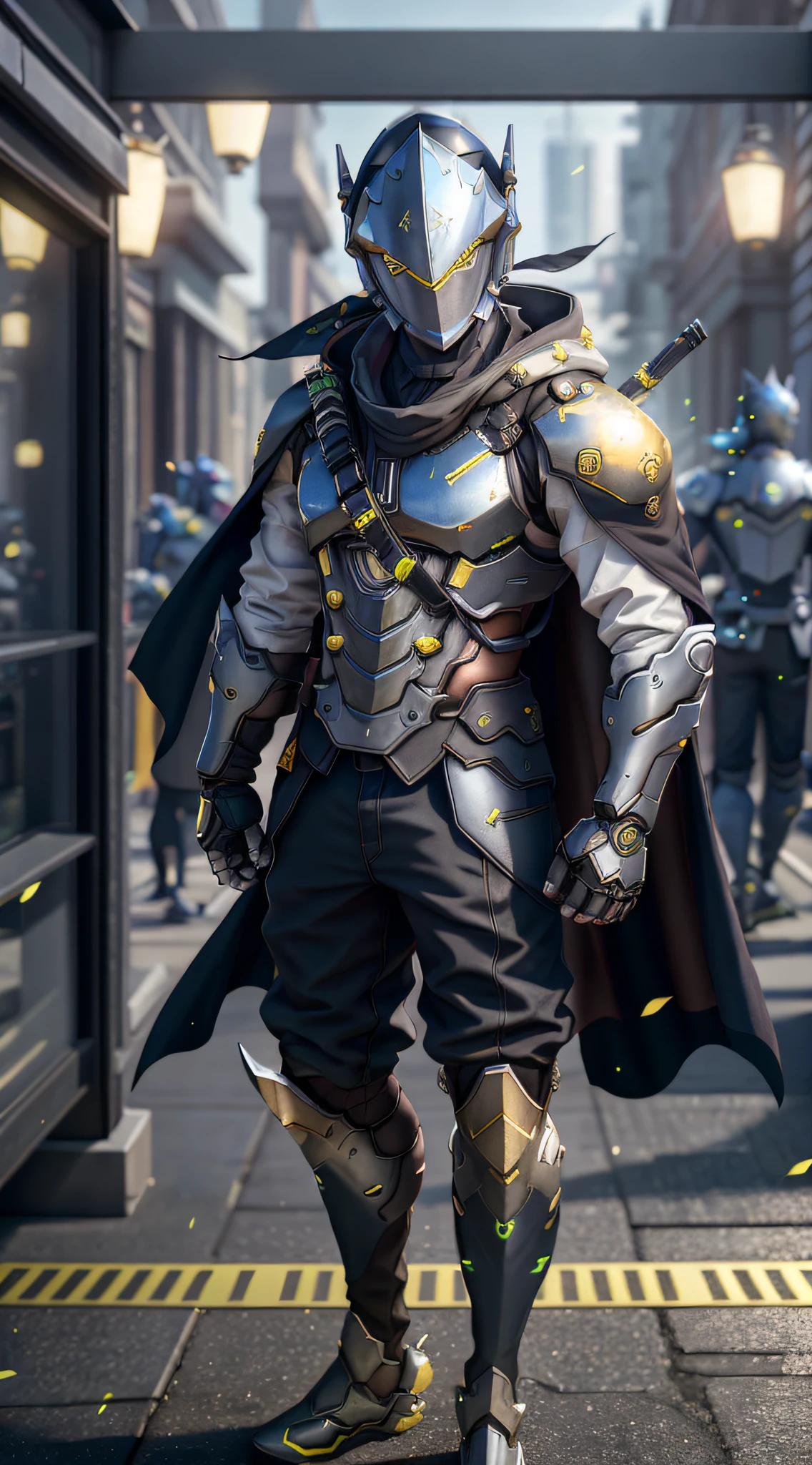 Masterpiece, best quality, high resolution, 1BOY, ultra high resolution, solo, genji, (surreal: 1.4), film, particle, octane rendering, strong, bokeh, 85mm lens, full body, golden armor with blue, with cape, red sword, kunais on right leg, bullet belt.