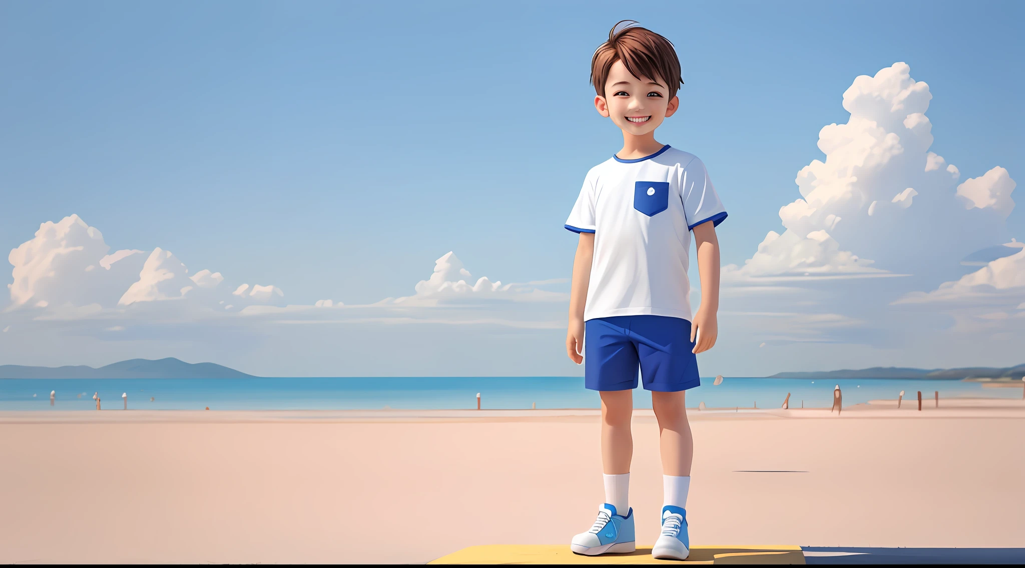 Solid color clean background, cute boy, white short sleeves, blue shorts, (panorama: 1.2), standing, smiling