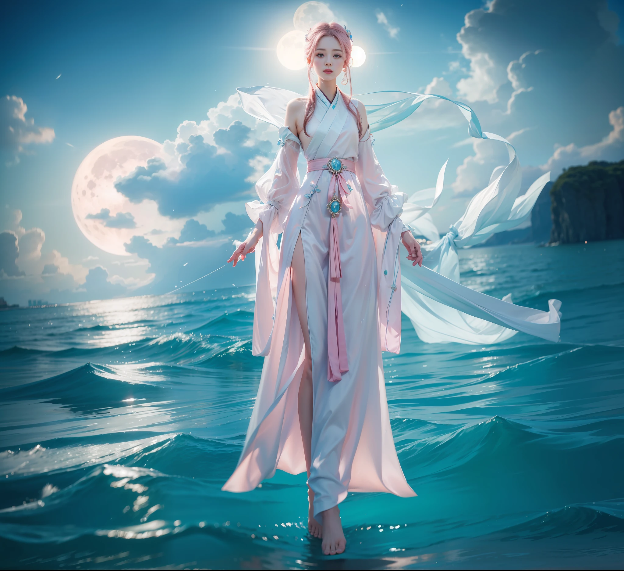 Best Quality, High Resolution,,1Girl, Portrait Photography, Wearing White Gauze Dress, Bright Moon on the Sea on the background, (pale pink Hanfu), Dynamic composition, Anatomically correct, Detailed fingers, Slender Fingers, Normal Hands, Ultra-realistic 50mm Lens, Relaxed Atmosphere, 35mm Film, High Detail, Hyperrealism, (Excellent Rendering), Dynamic Composition, Primetime Lighting, Blurred Background, Rich Colors, (Fine Face Details), Surreal,