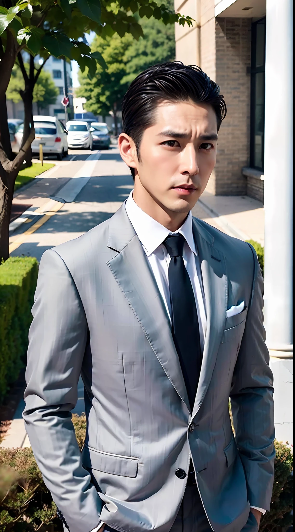 1boy, 35 years old Japanese male, (male:1.5), gray eyes, squint, (very short hair:1.3), under_cut, Pompadour, ((formal)), ((suit)), (handsome, sharp) , fierce facial features,))), (stout muscular body), (stout physique), SFW, outdoors, detailed background, modern urban,